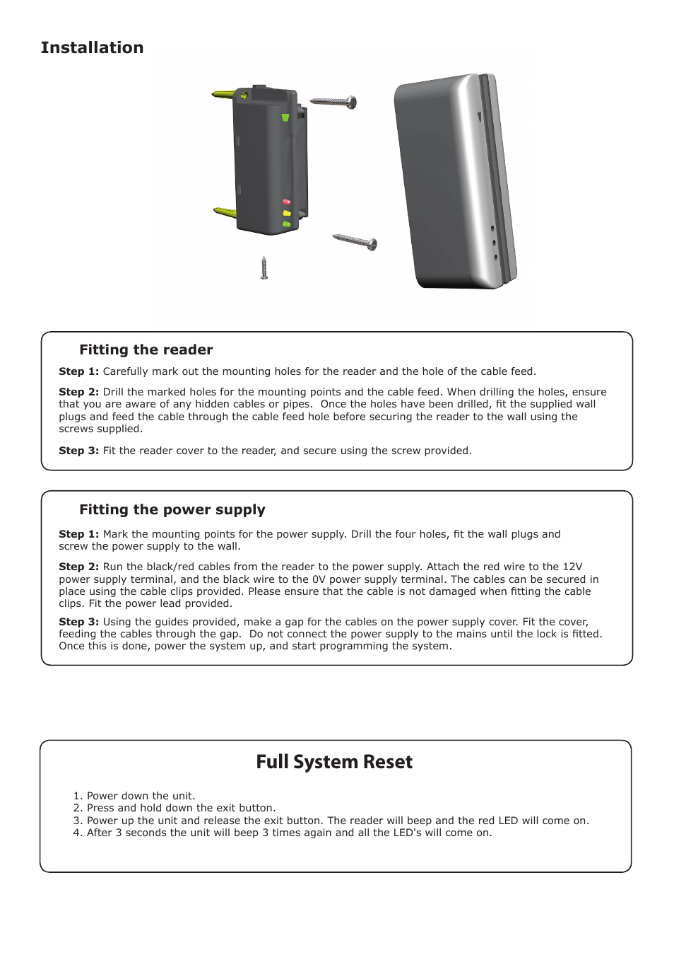Full system reset, Installation, Fitting the power supply fitting the reader | Paxton Swipe card 25 kit User Manual | Page 2 / 6