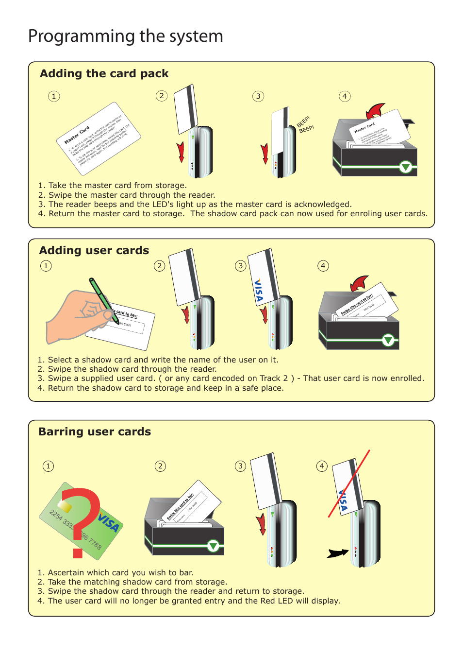 Programming the system, Adding the card pack, Adding user cards | Barring user cards | Paxton Swipe card 25 kit User Manual | Page 4 / 6