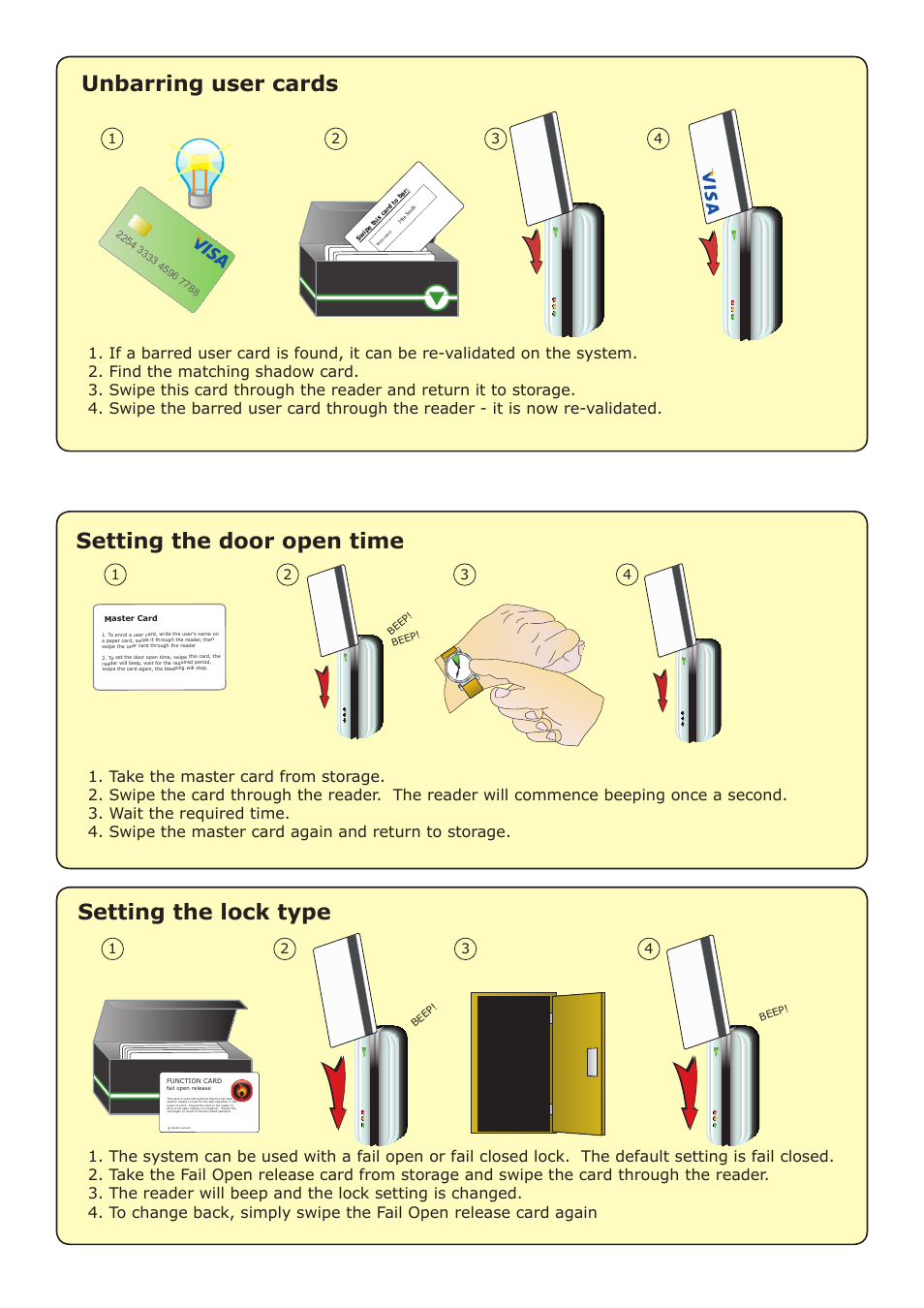 Unbarring user cards, Setting the door open time, Setting the lock type | Paxton Swipe card 25 kit User Manual | Page 5 / 6