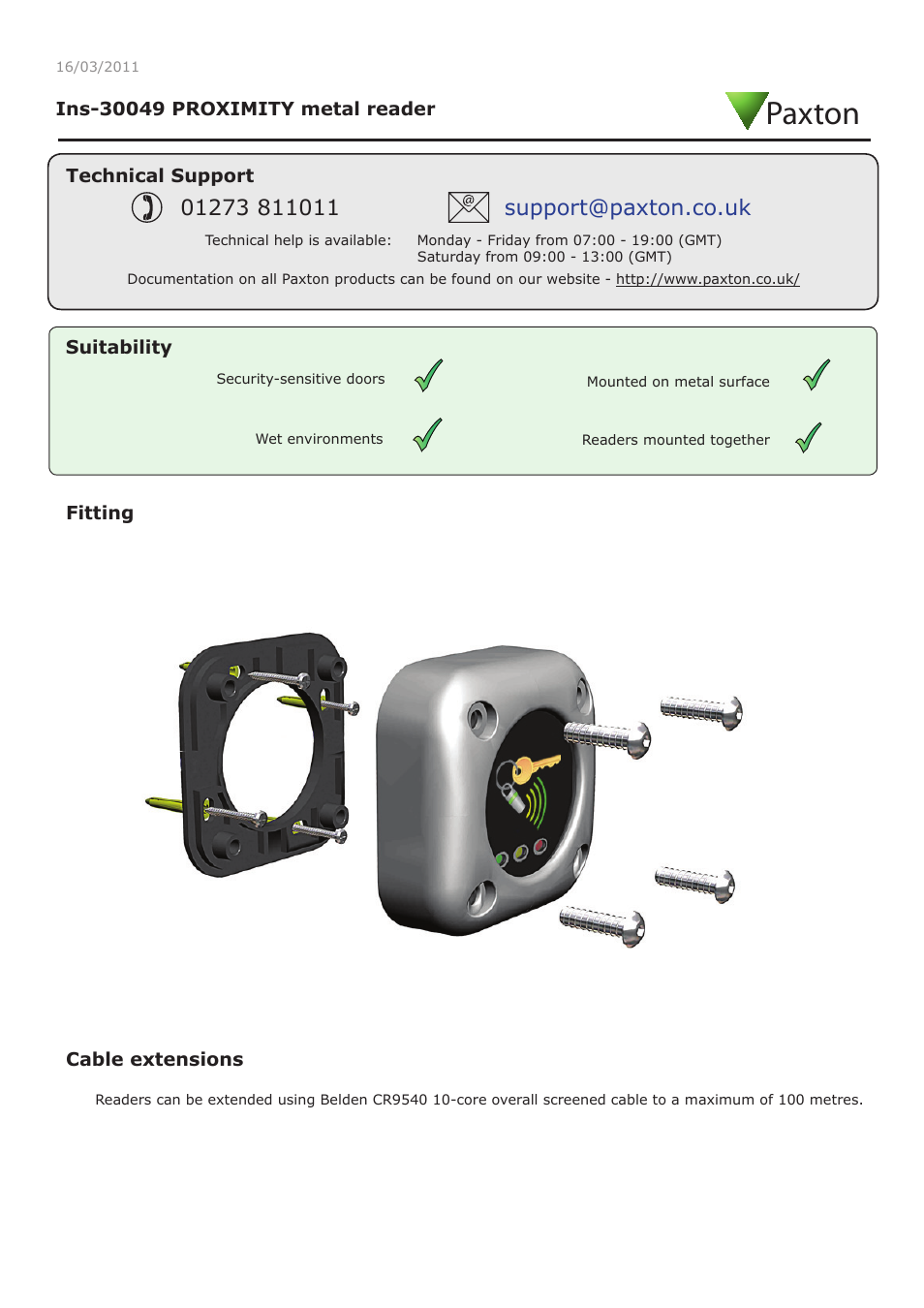 Paxton PROXIMITY metal reader User Manual | 4 pages