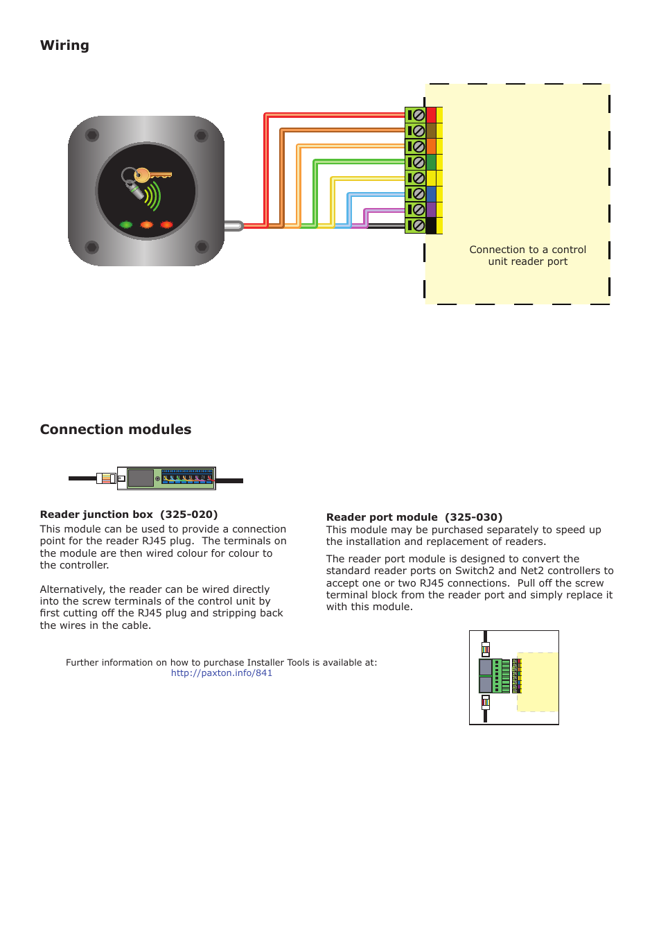 Connection modules, Wiring | Paxton PROXIMITY metal reader User Manual | Page 2 / 4
