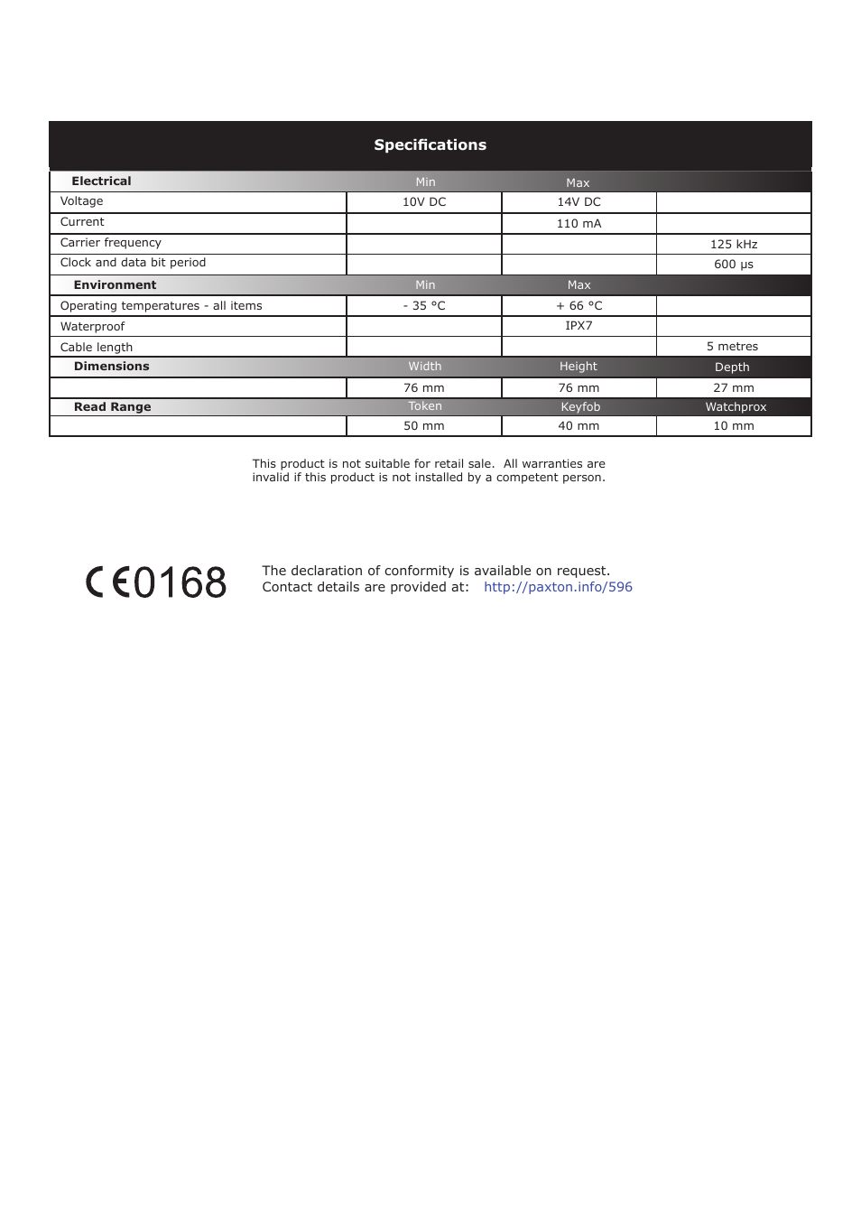 Specifications | Paxton PROXIMITY metal reader User Manual | Page 4 / 4