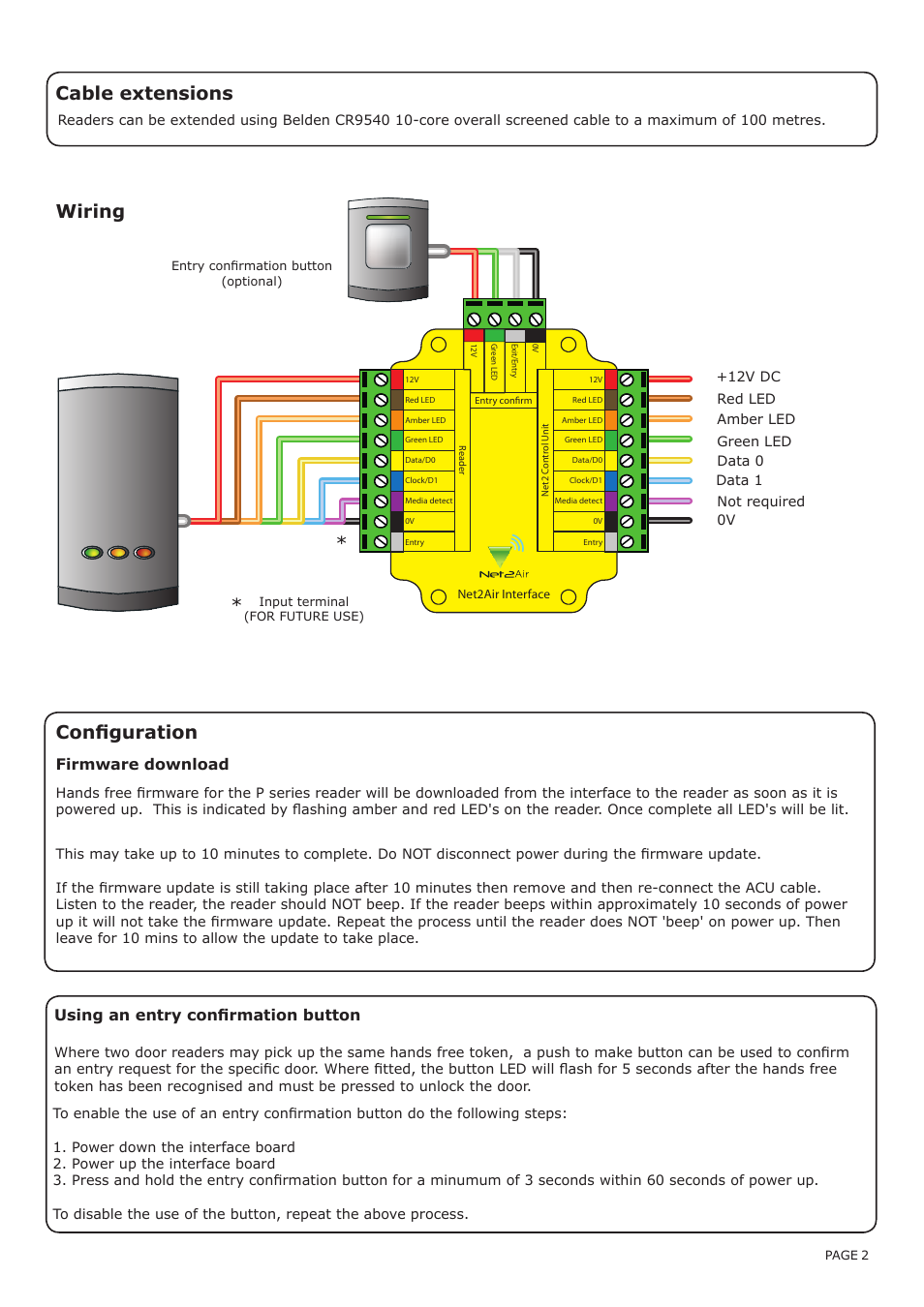 Wiring, Cable extensions, Configuration | Using an entry confirmation button, Firmware download | Paxton OEM hands free interface, Wiegand 26 bit output User Manual | Page 2 / 4