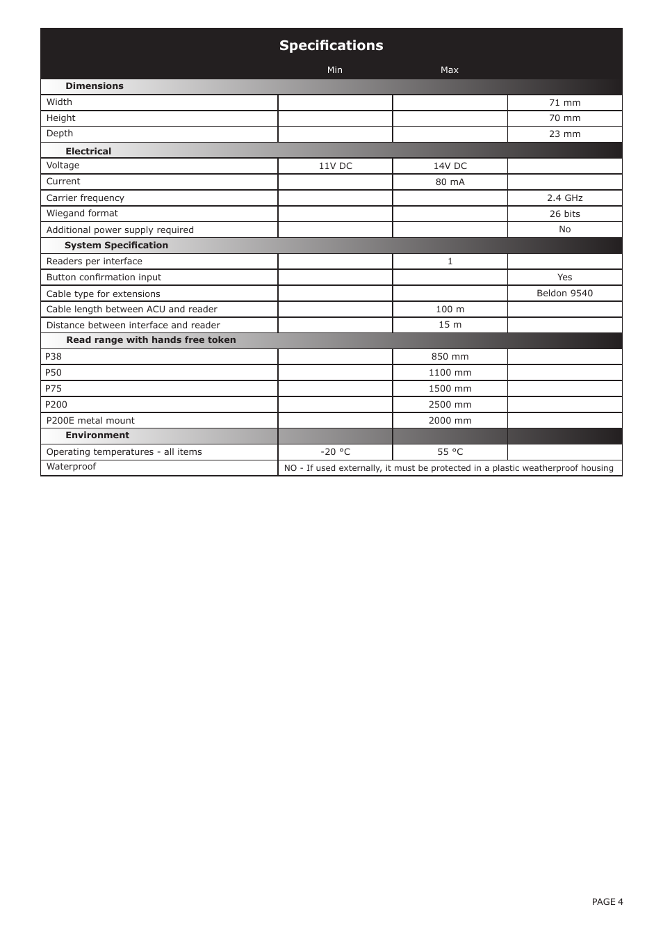 Specifications | Paxton OEM hands free interface, Wiegand 26 bit output User Manual | Page 4 / 4