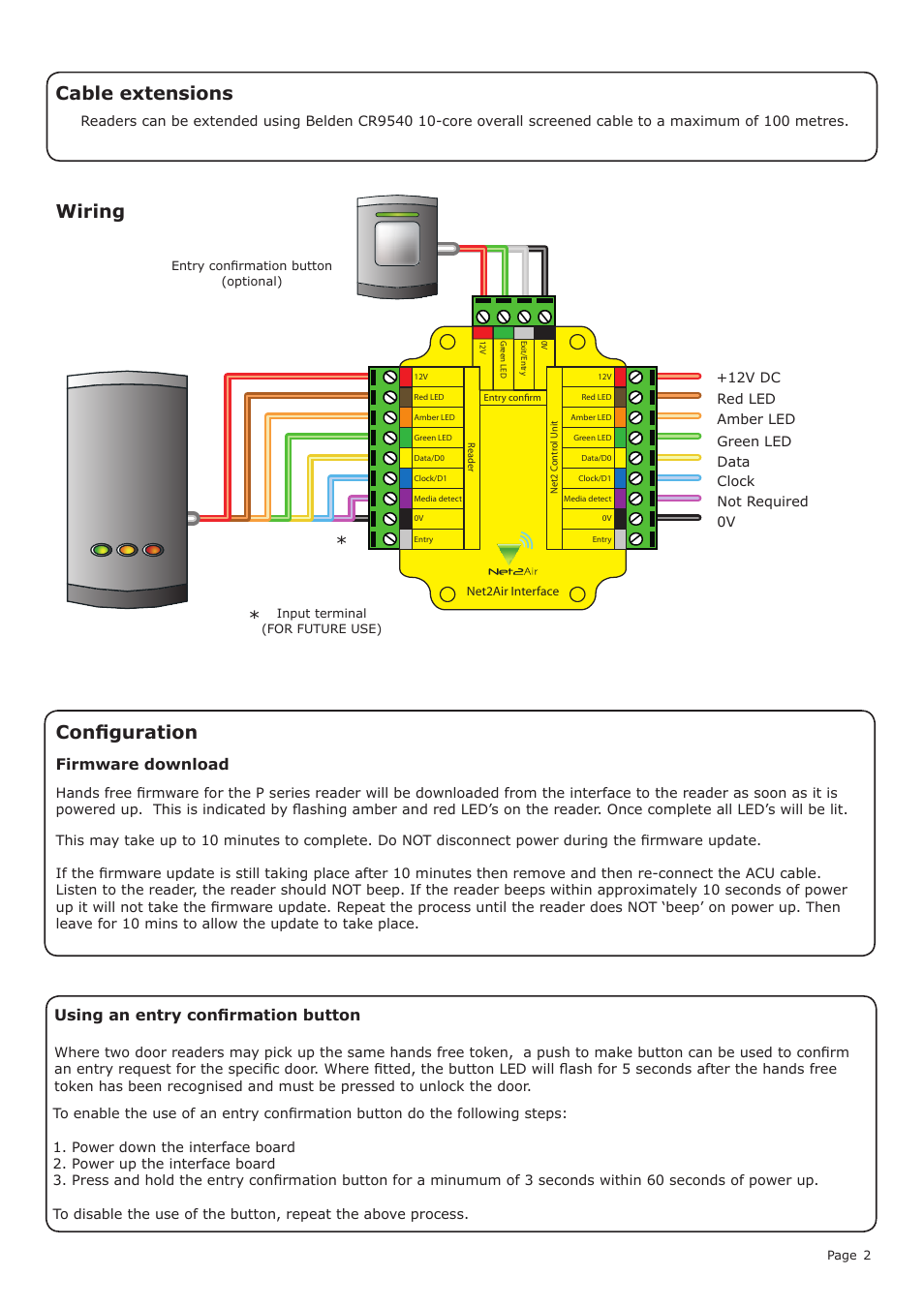 Wiring, Cable extensions, Configuration | Using an entry confirmation button, Firmware download | Paxton OEM Hands free interface, Clock & Data output User Manual | Page 2 / 4