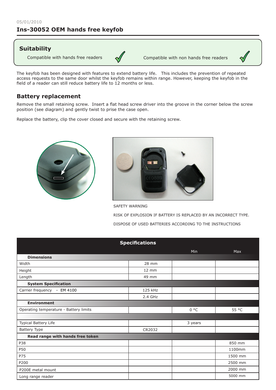 Paxton OEM hands free keyfob User Manual | 2 pages