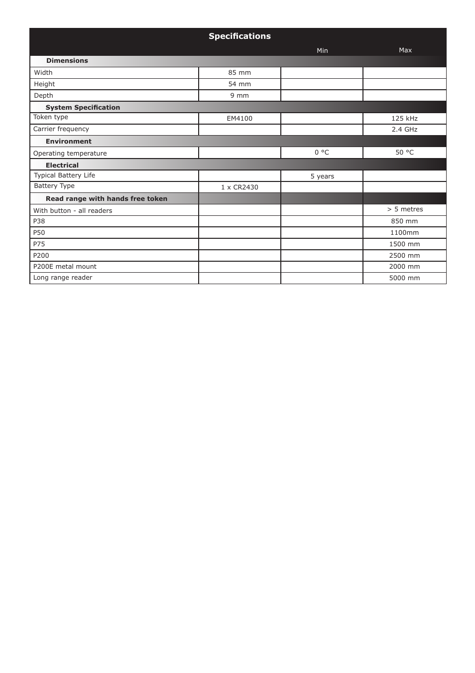 Specifications | Paxton OEM hands free keycard User Manual | Page 2 / 4