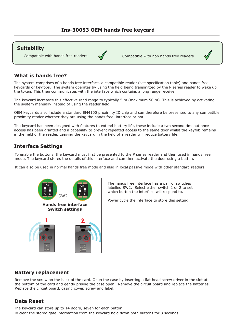 Interface settings, Data reset, What is hands free? suitability | Paxton OEM hands free keycard User Manual | Page 3 / 4