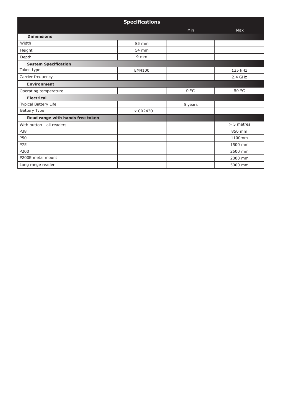 Specifications | Paxton OEM hands free keycard User Manual | Page 4 / 4