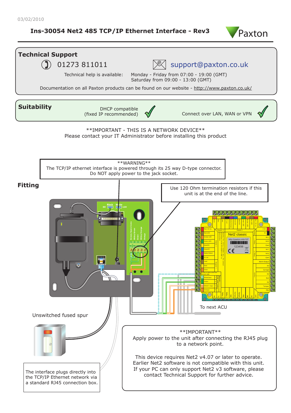 Paxton Net2 485 TCP/IP Ethernet Interface - Rev3 User Manual | 4 pages