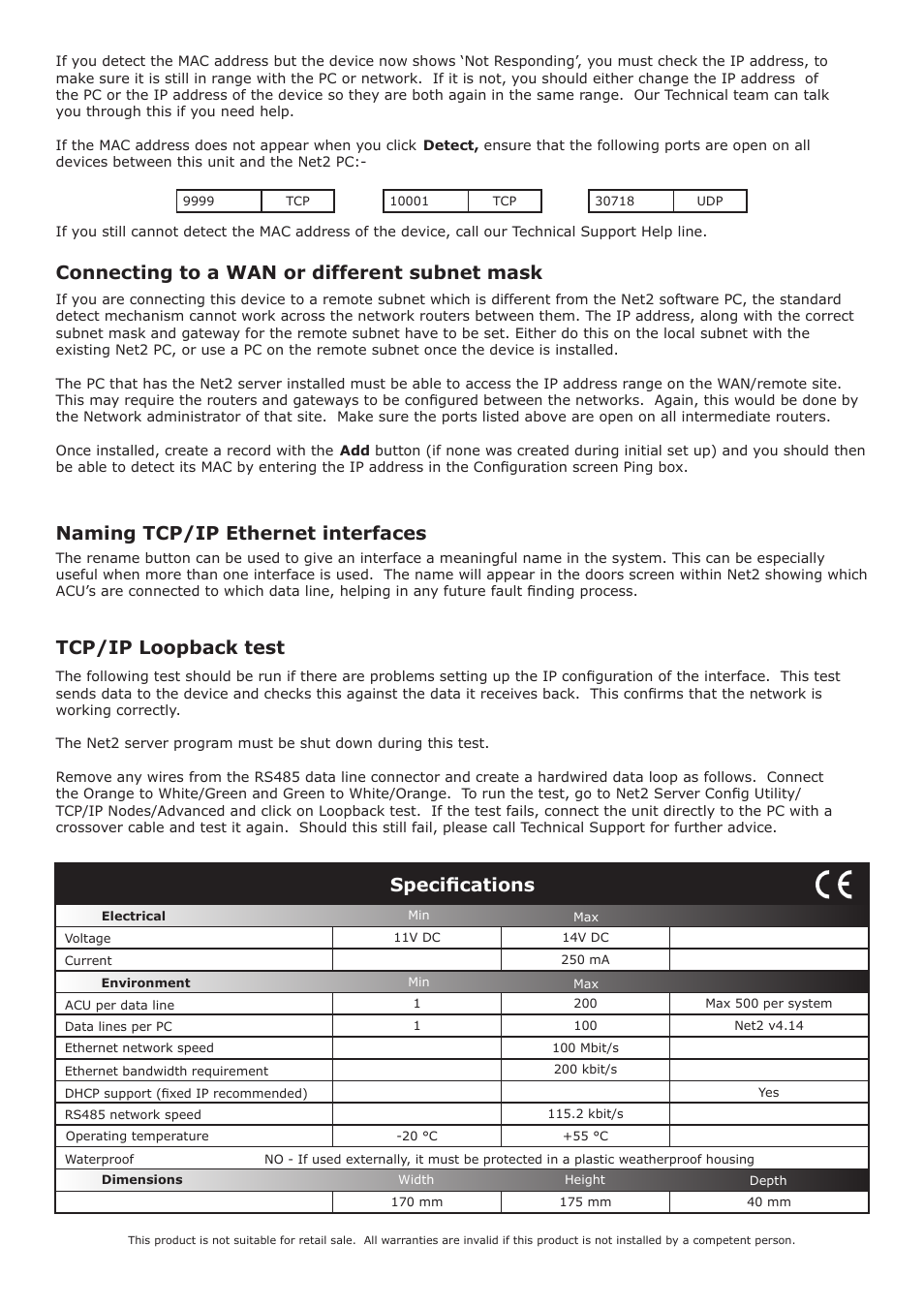 Connecting to a wan or different subnet mask, Naming tcp/ip ethernet interfaces, Tcp/ip loopback test | Specifications | Paxton Net2 485 TCP/IP Ethernet Interface - Rev3 User Manual | Page 4 / 4