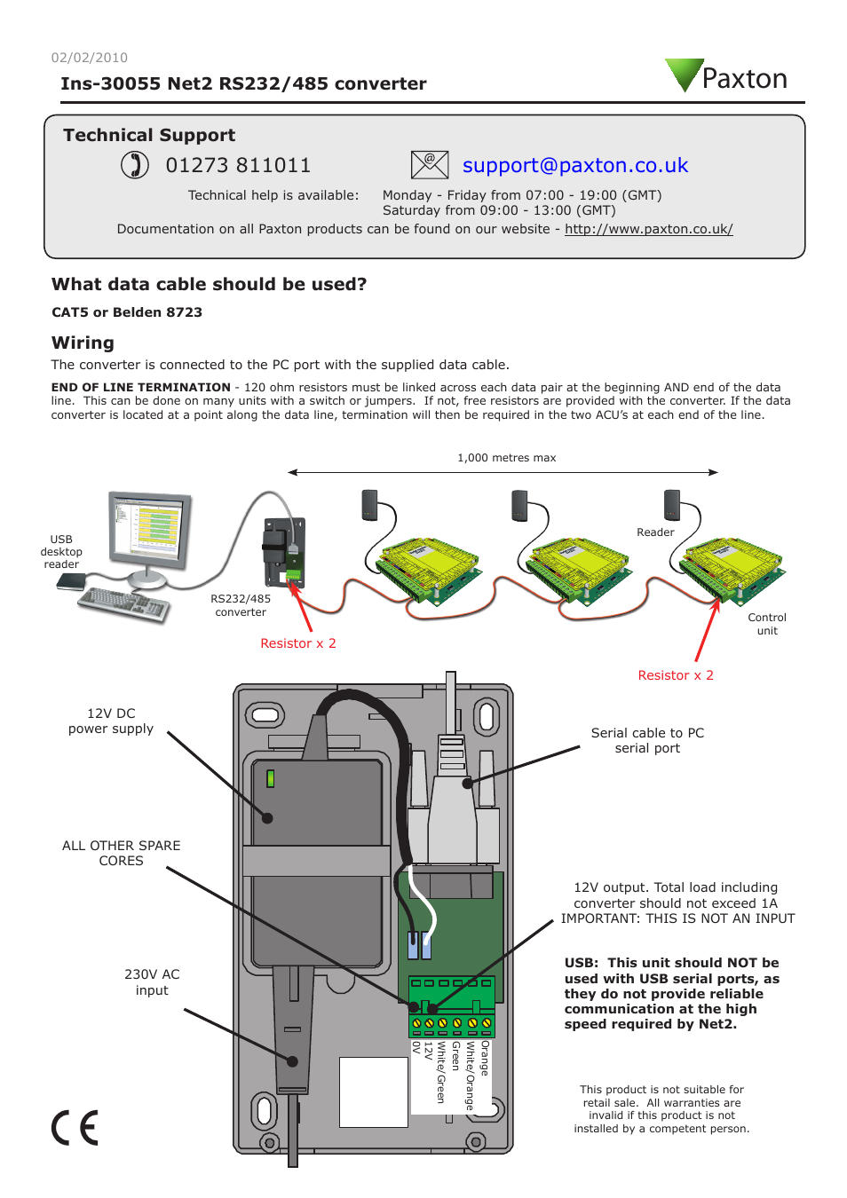 Paxton Net2 RS232/485 converter User Manual | 1 page