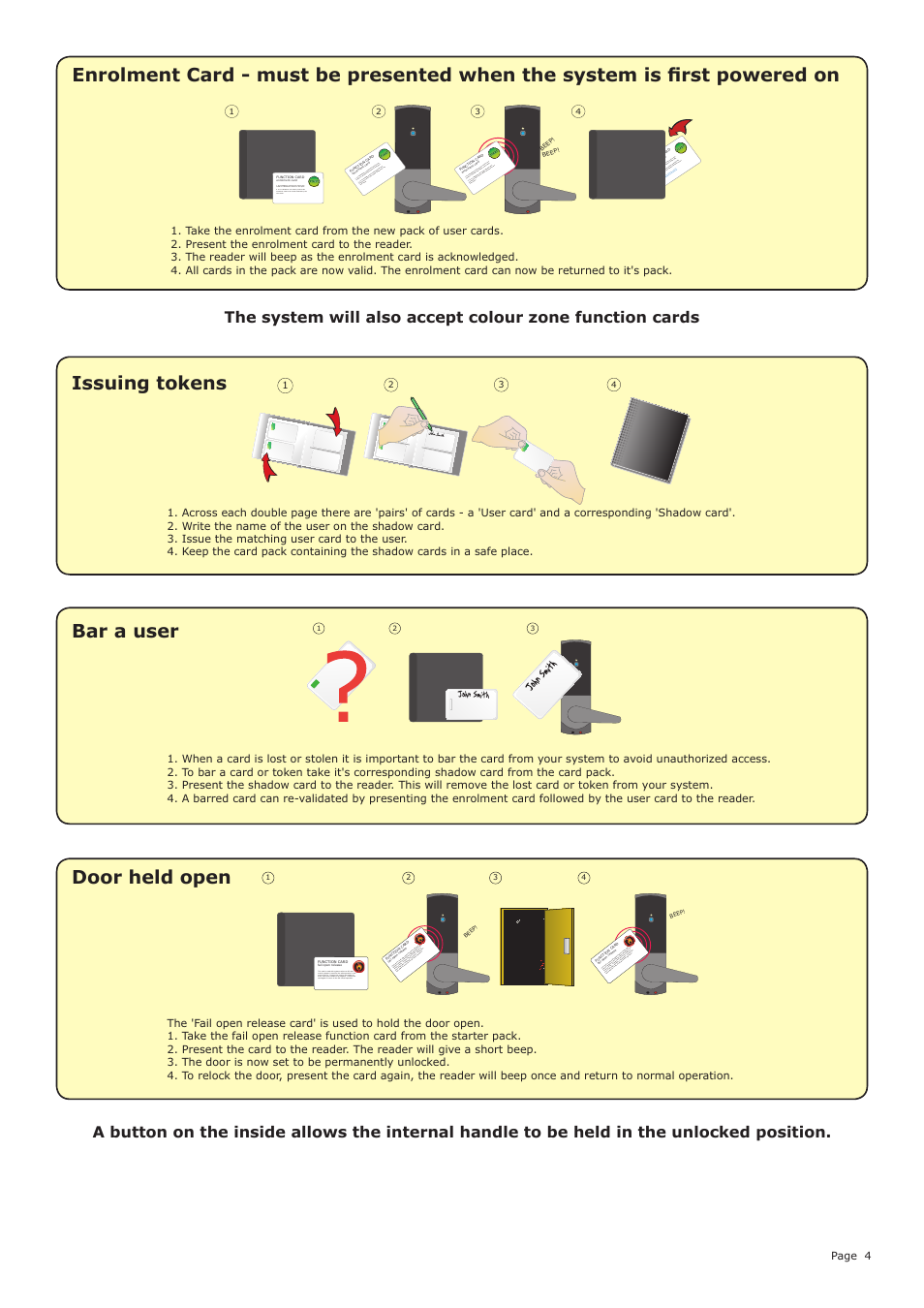 Issuing tokens, Bar a user, Door held open | Paxton Easyprox compact User Manual | Page 4 / 7