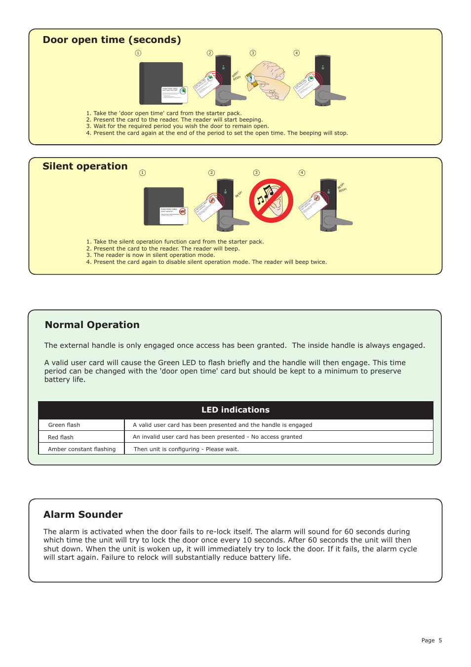 Door open time (seconds), Silent operation, Normal operation alarm sounder | Led indications | Paxton Easyprox compact User Manual | Page 5 / 7