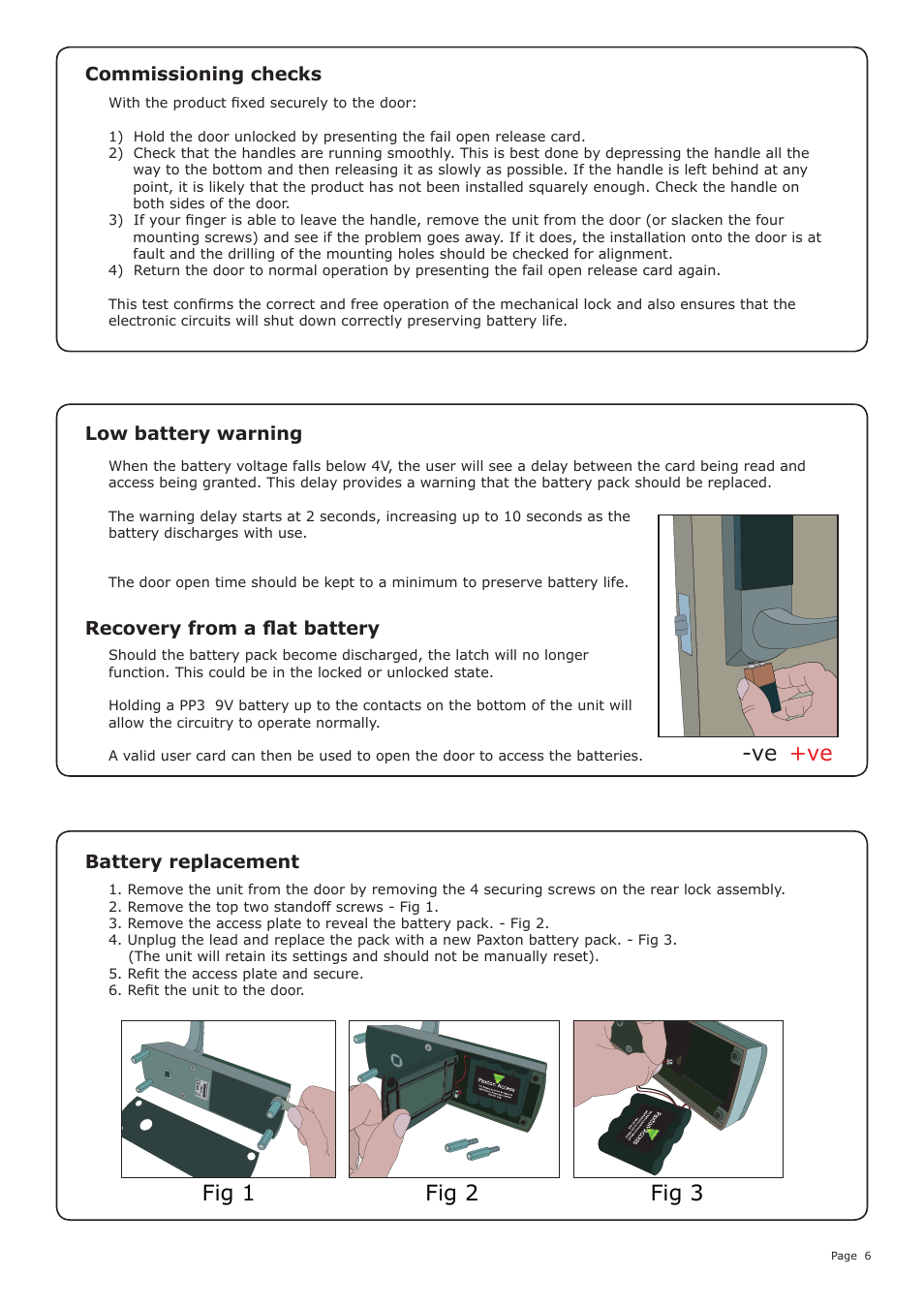 Fig 1 fig 2 fig 3, Ve -ve, Battery replacement | Low battery warning recovery from a flat battery, Commissioning checks | Paxton Easyprox compact User Manual | Page 6 / 7