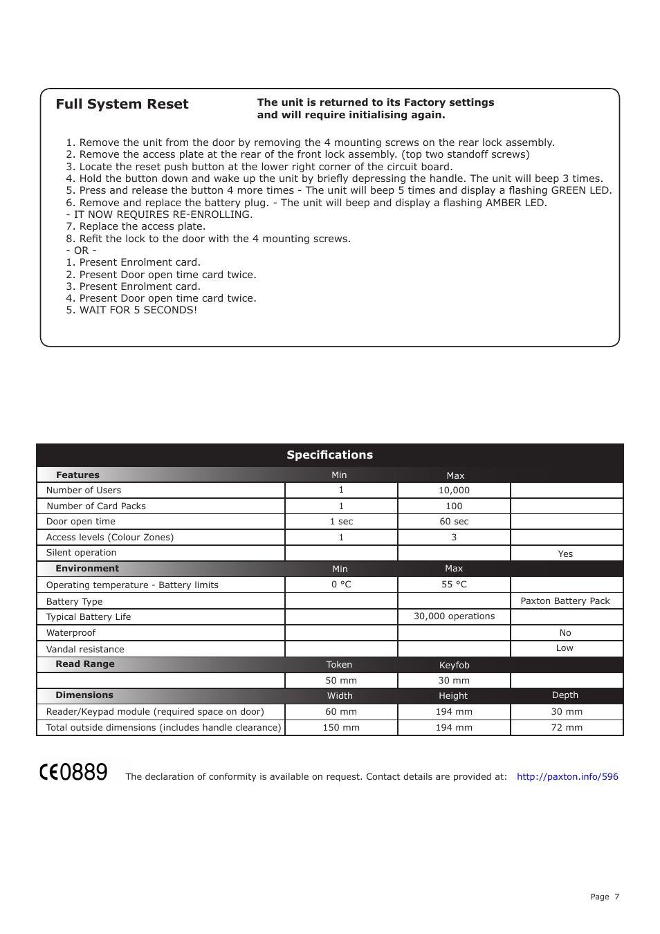 Full system reset | Paxton Easyprox compact User Manual | Page 7 / 7