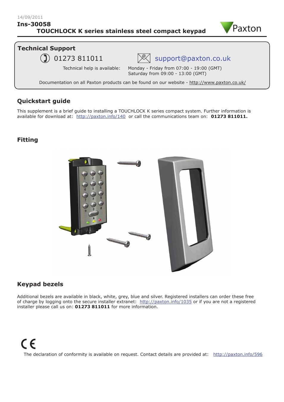 Paxton TOUCHLOCK K series stainless steel compact keypad User Manual | 4 pages
