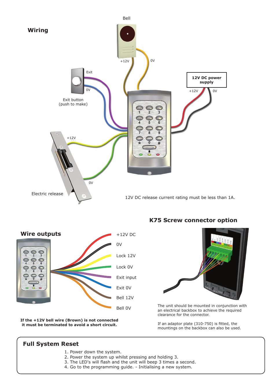 Wire outputs, Wiring, Full system reset | K75 screw connector option | Paxton TOUCHLOCK K series stainless steel compact keypad User Manual | Page 2 / 4