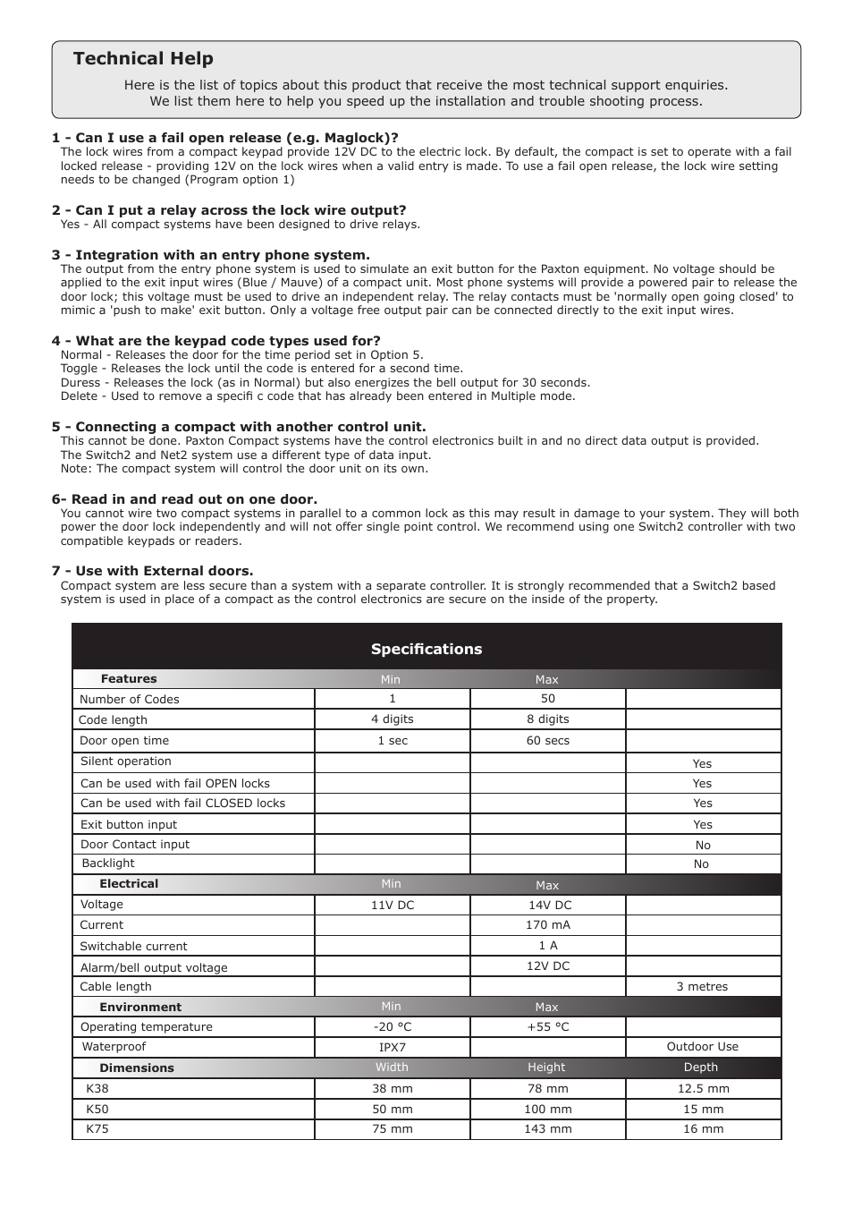 Technical help, Specifications | Paxton TOUCHLOCK K series stainless steel compact keypad User Manual | Page 4 / 4