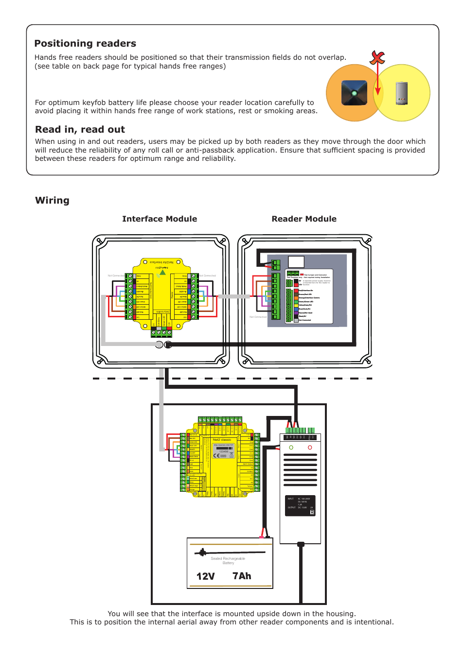 12v 7ah, Wiring read in, read out, Positioning readers | Interface module reader module, Sealed rechargeable battery | Paxton Long range reader User Manual | Page 2 / 6