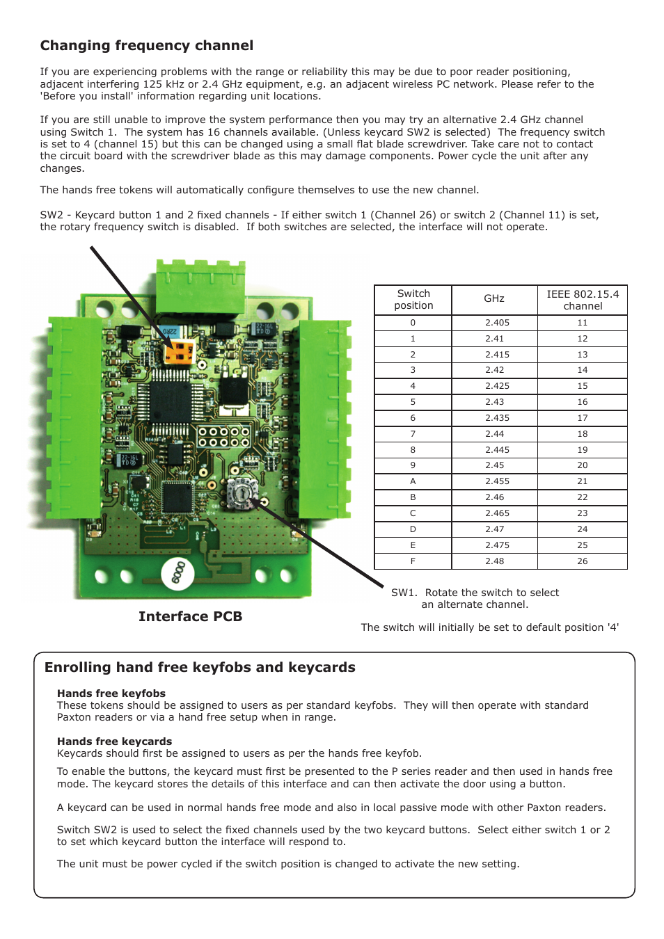 Changing frequency channel, Enrolling hand free keyfobs and keycards, Interface pcb | Paxton Long range reader User Manual | Page 4 / 6