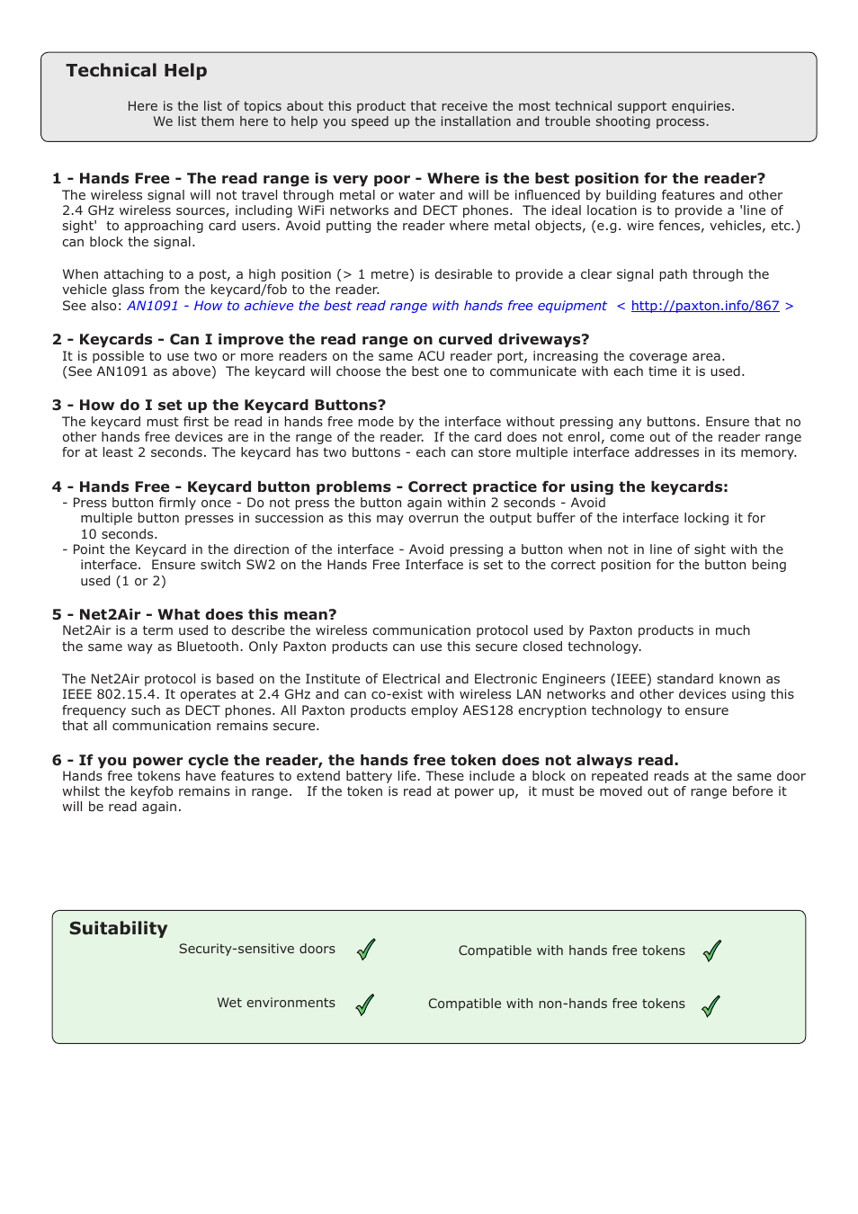 Technical help, Suitability | Paxton Long range reader User Manual | Page 5 / 6