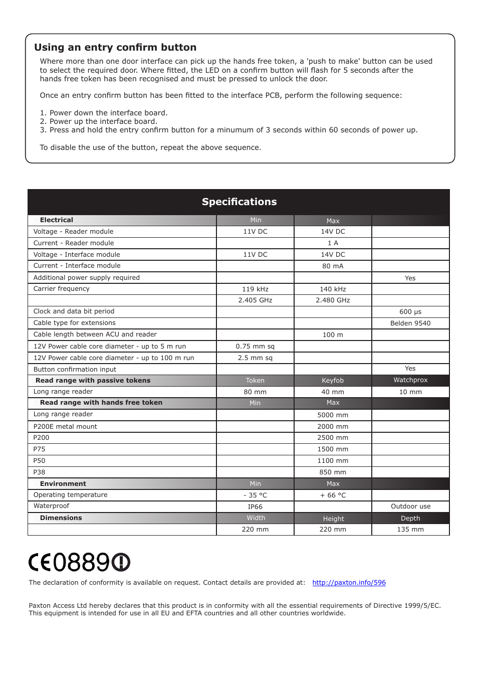 Specifications, Using an entry confirm button | Paxton Long range reader User Manual | Page 6 / 6