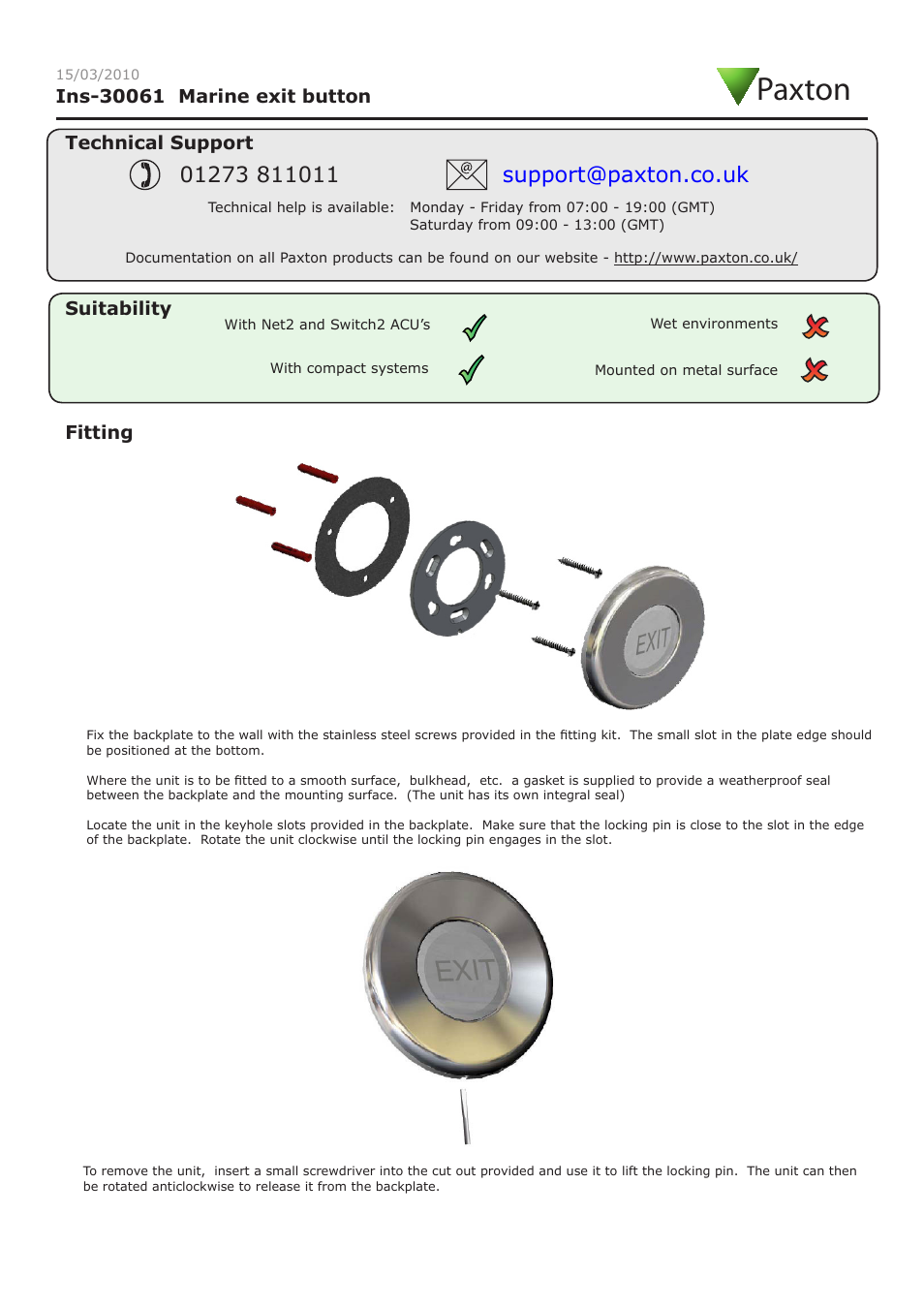 Paxton Marine exit button User Manual | 4 pages