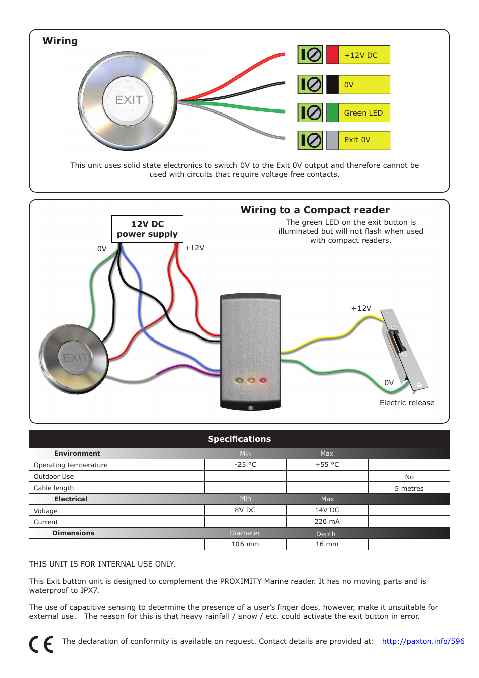 Exit, Wiring to a compact reader wiring | Paxton Marine exit button User Manual | Page 2 / 4