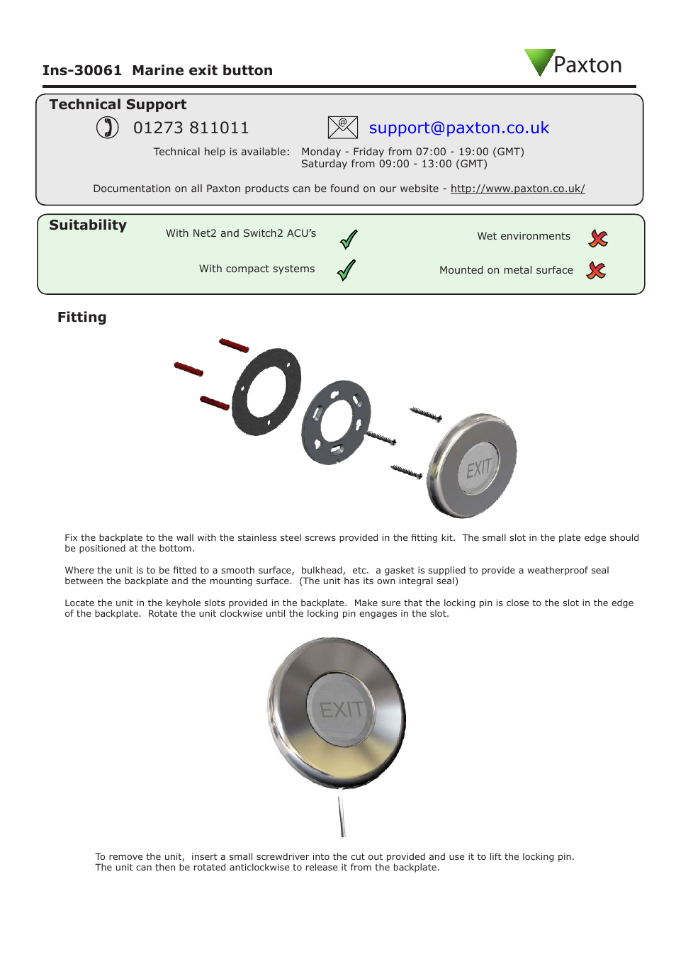 Paxton | Paxton Marine exit button User Manual | Page 3 / 4