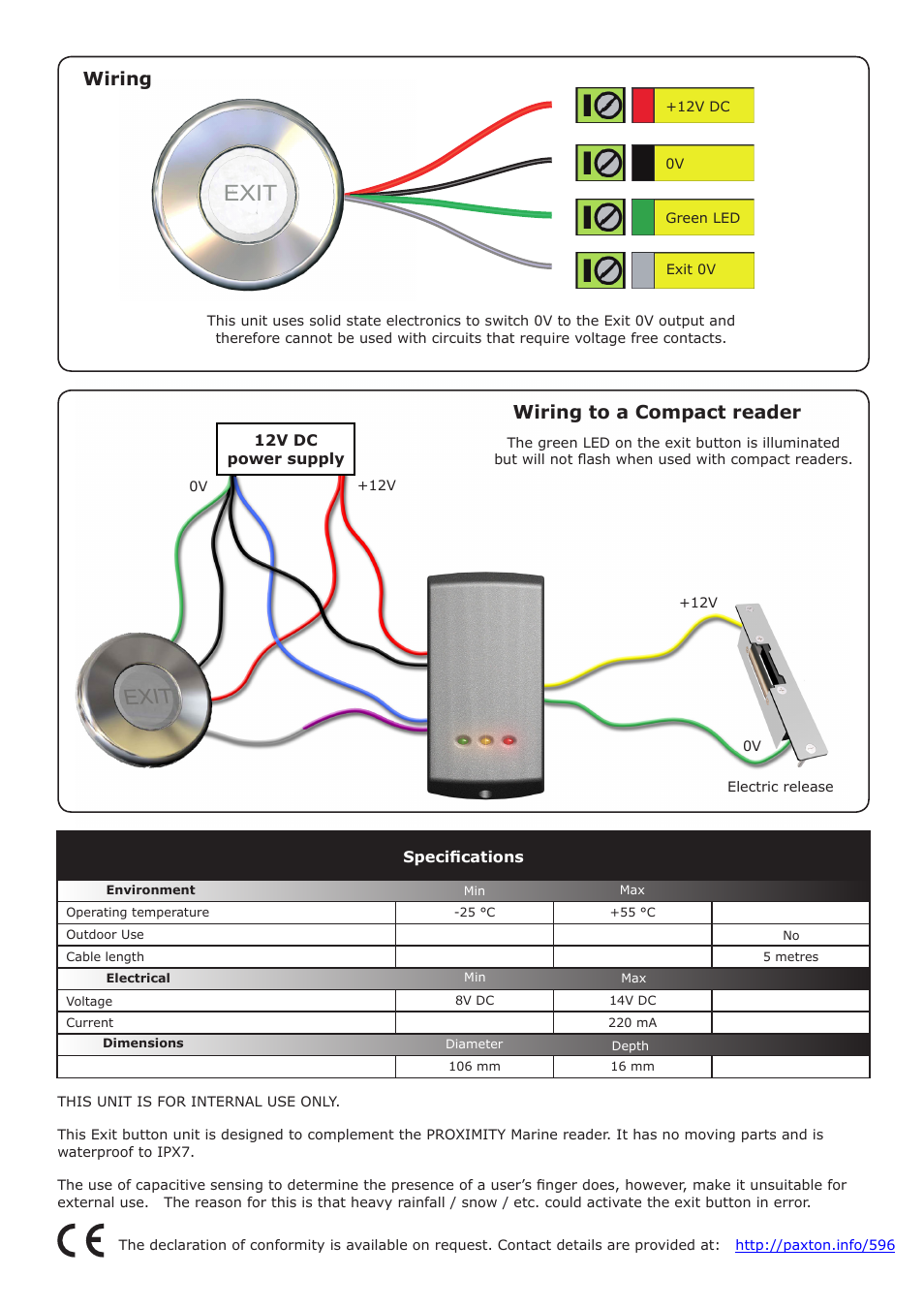 Exit, Wiring to a compact reader wiring | Paxton Marine exit button User Manual | Page 4 / 4