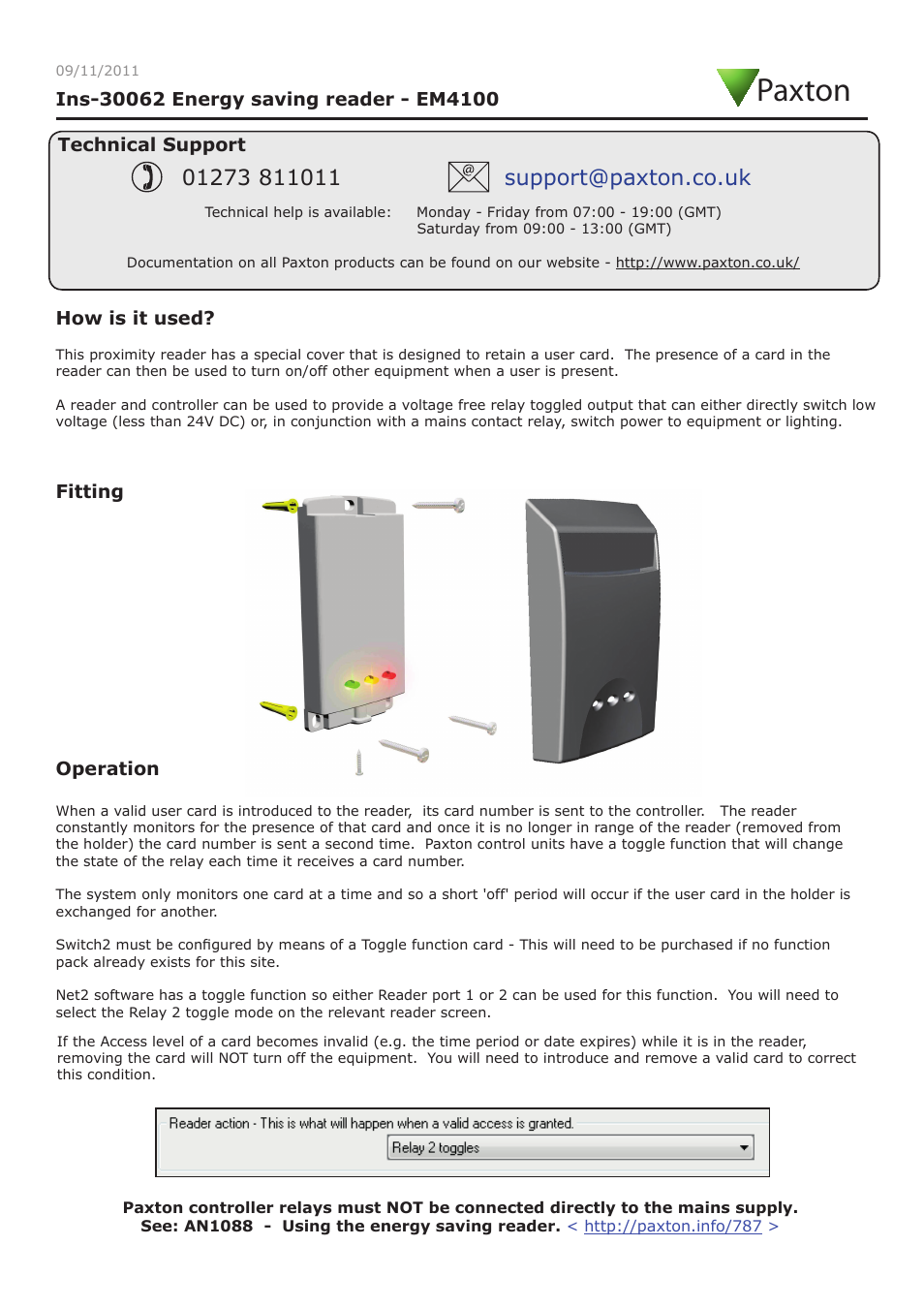 Paxton Energy saving reader - EM4100 User Manual | 3 pages