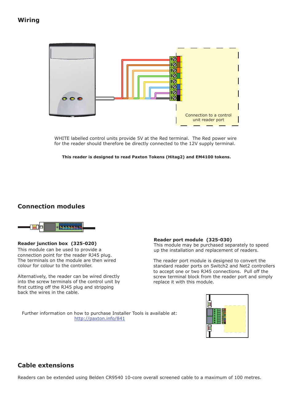 Wiring cable extensions, Connection modules | Paxton Energy saving reader - EM4100 User Manual | Page 2 / 3
