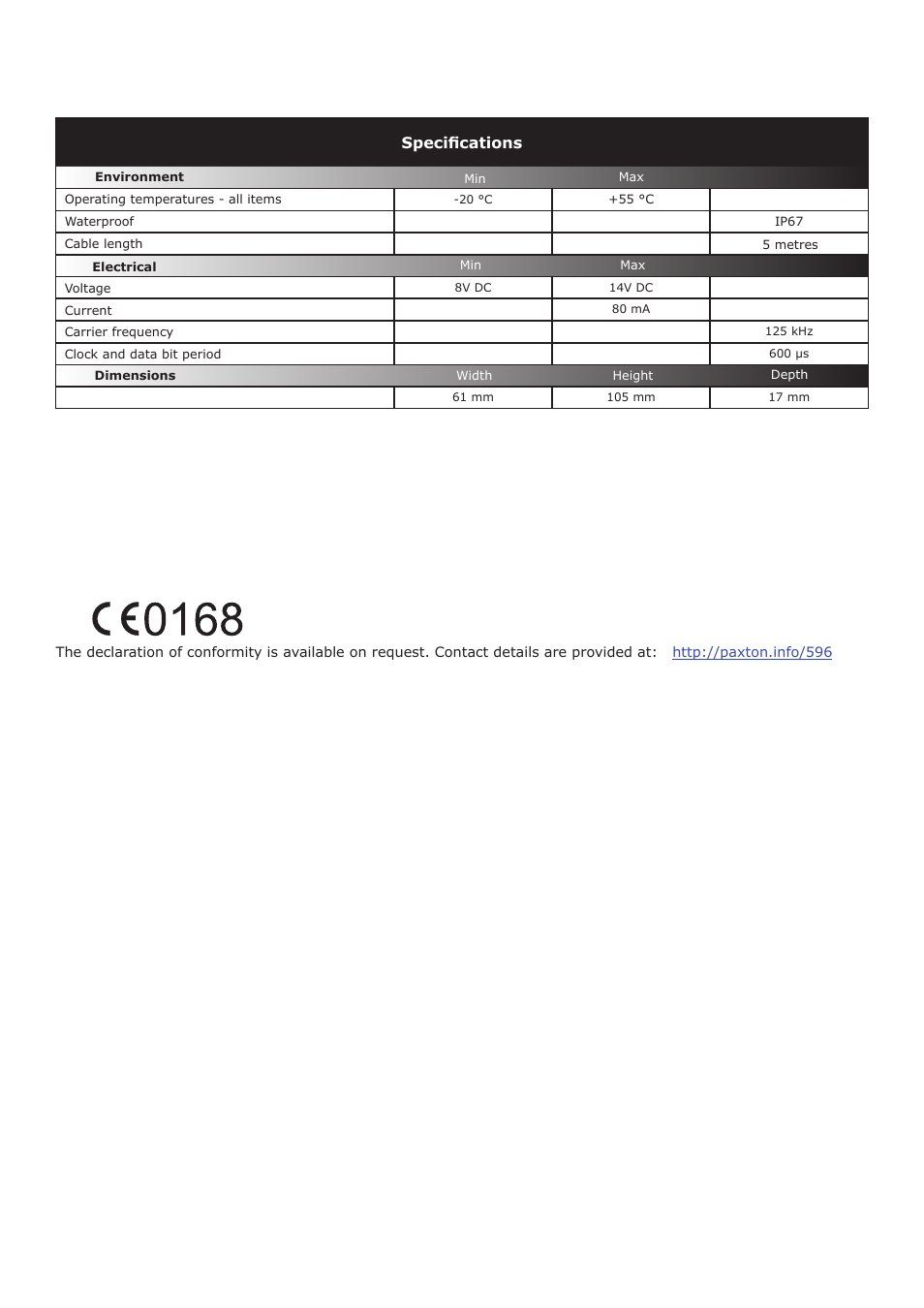 Specifications | Paxton Energy saving reader - EM4100 User Manual | Page 3 / 3