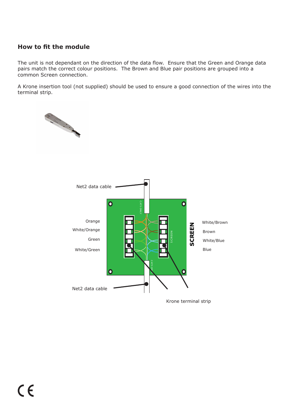 How to fit the module, Screen, Krone terminal strip net2 data cable | Net2 data cable | Paxton RS485 protection module User Manual | Page 2 / 2