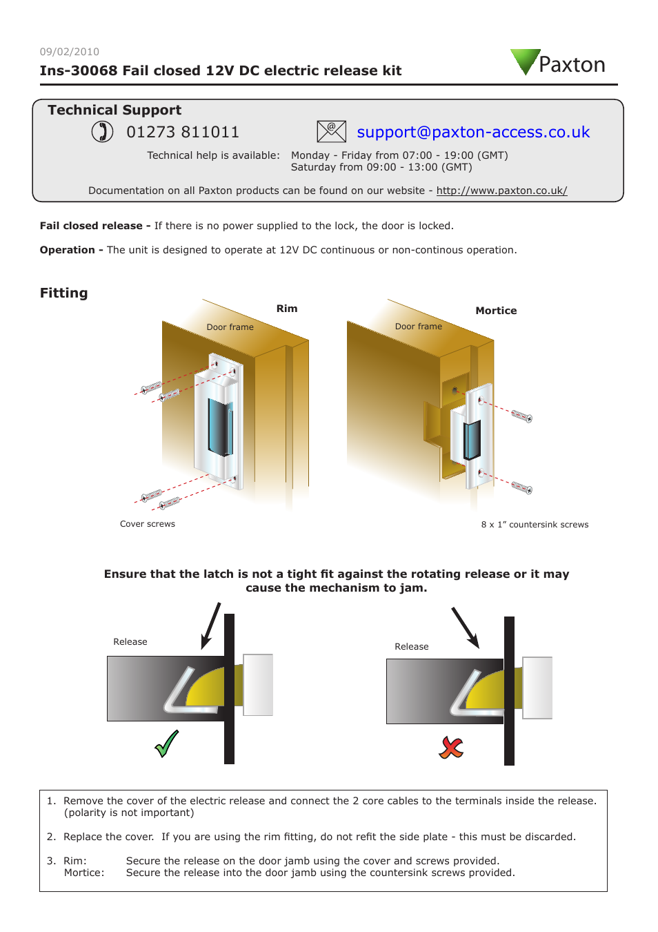 Paxton Fail closed 12V DC electric release kit User Manual | 3 pages