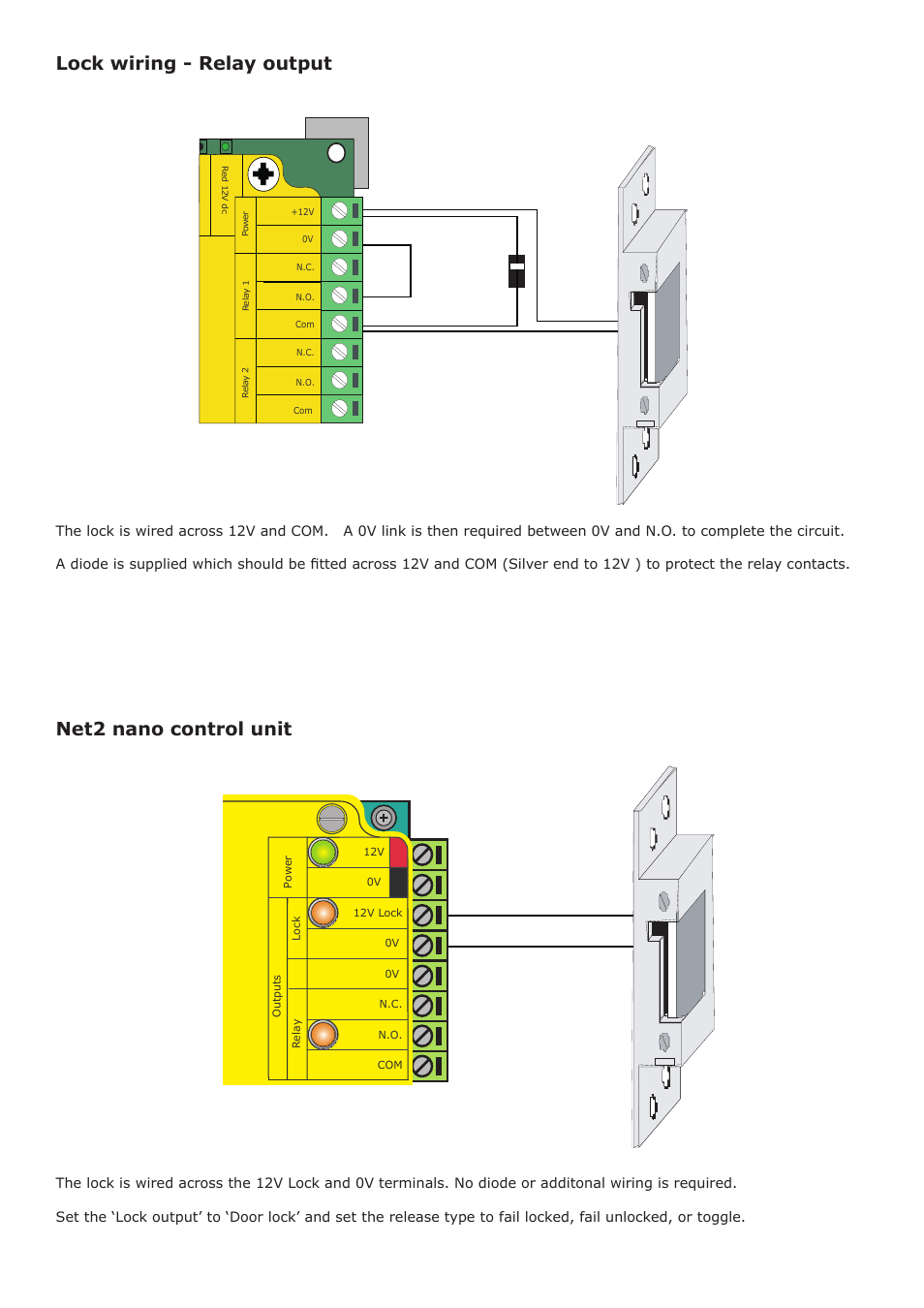Net2 nano control unit lock wiring - relay output | Paxton Fail closed 12V DC electric release kit User Manual | Page 2 / 3