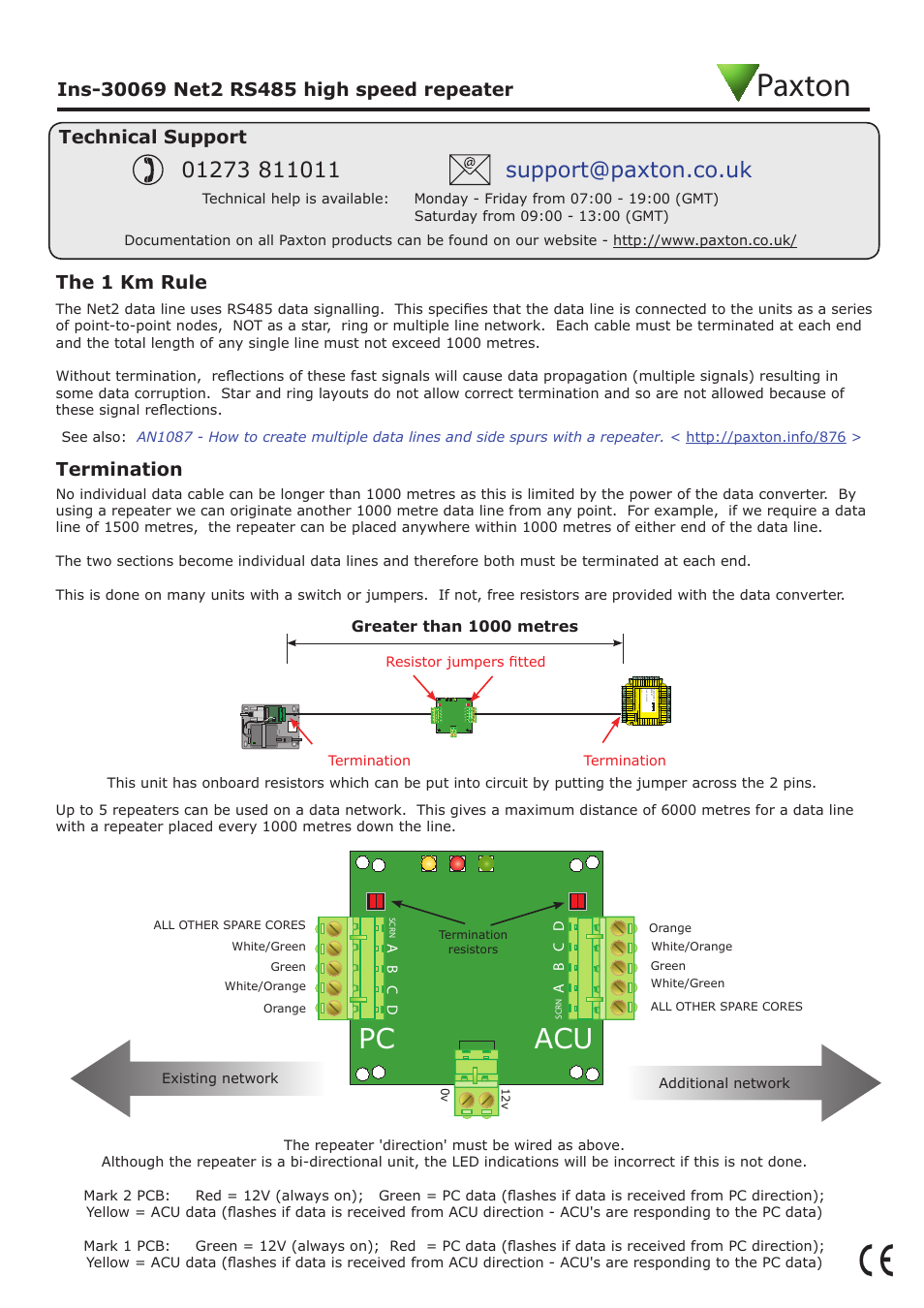Paxton, Pc acu, The 1 km rule | Termination | Paxton Net2 RS485 high speed repeater User Manual | Page 2 / 2