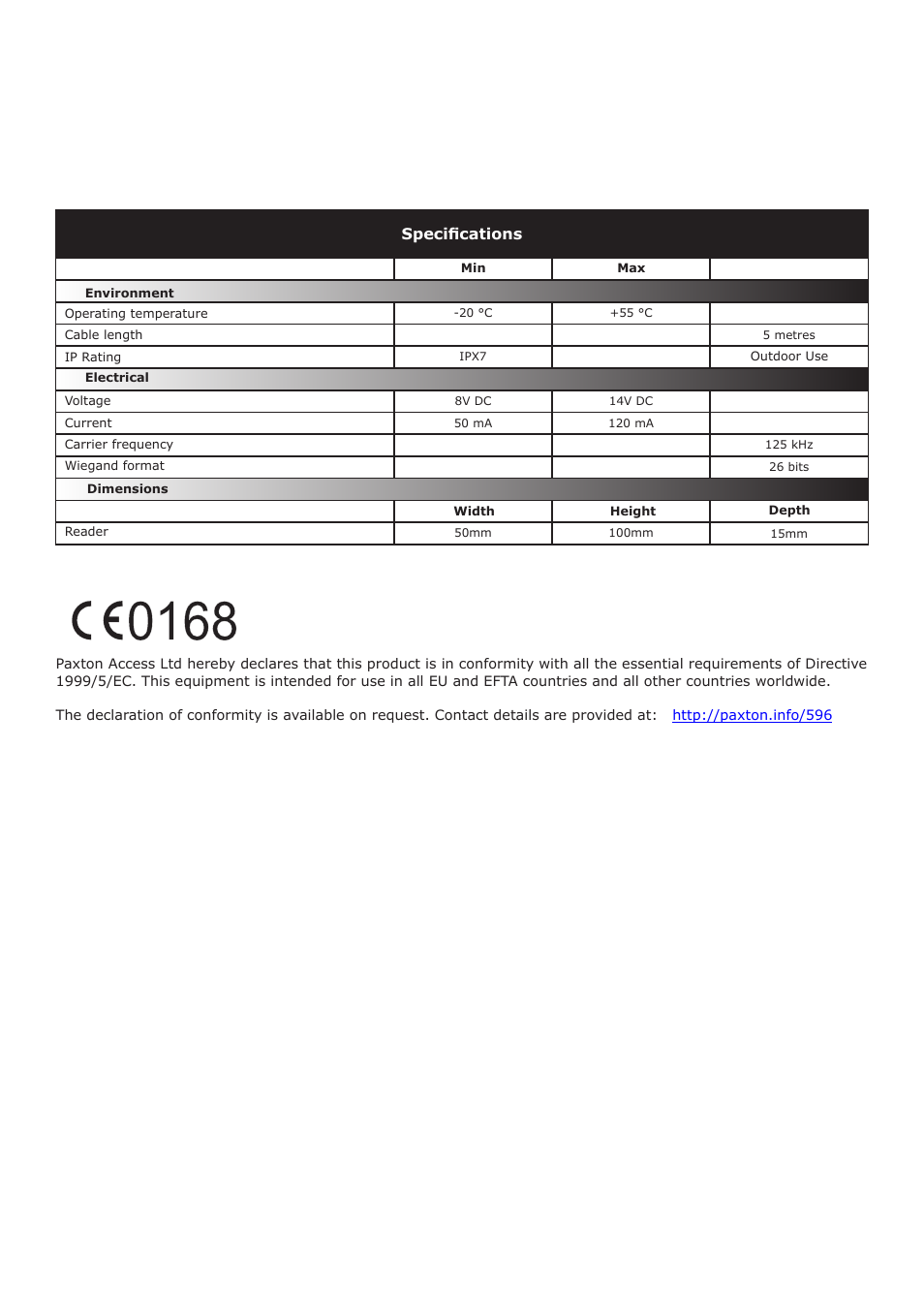 Specifications | Paxton PROXIMITY P series EM4100 Wiegand output User Manual | Page 2 / 4