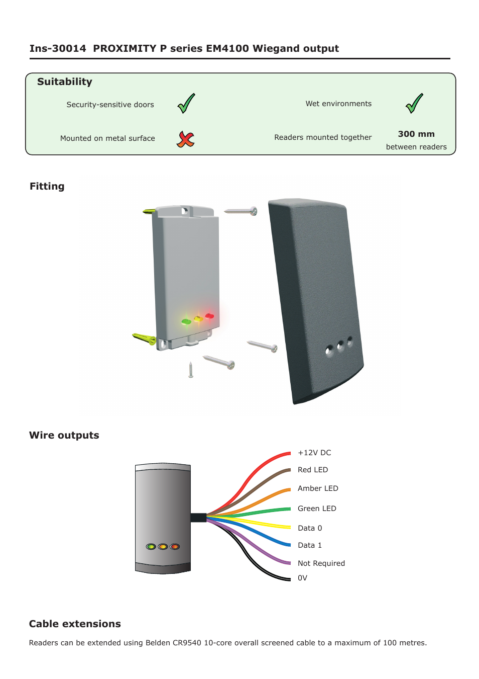 Wire outputs, Cable extensions | Paxton PROXIMITY P series EM4100 Wiegand output User Manual | Page 3 / 4