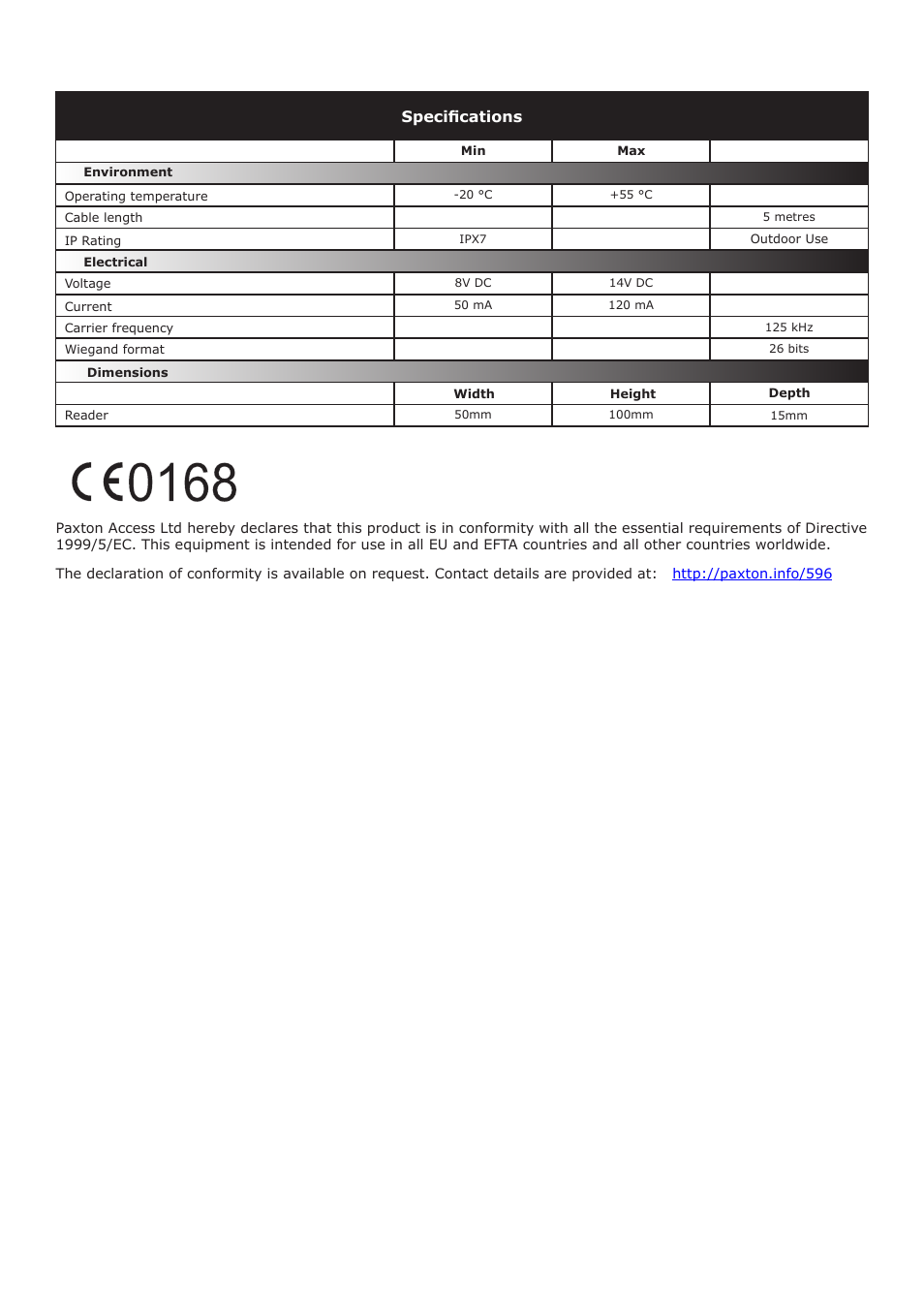 Specifications | Paxton PROXIMITY P series EM4100 Wiegand output User Manual | Page 4 / 4