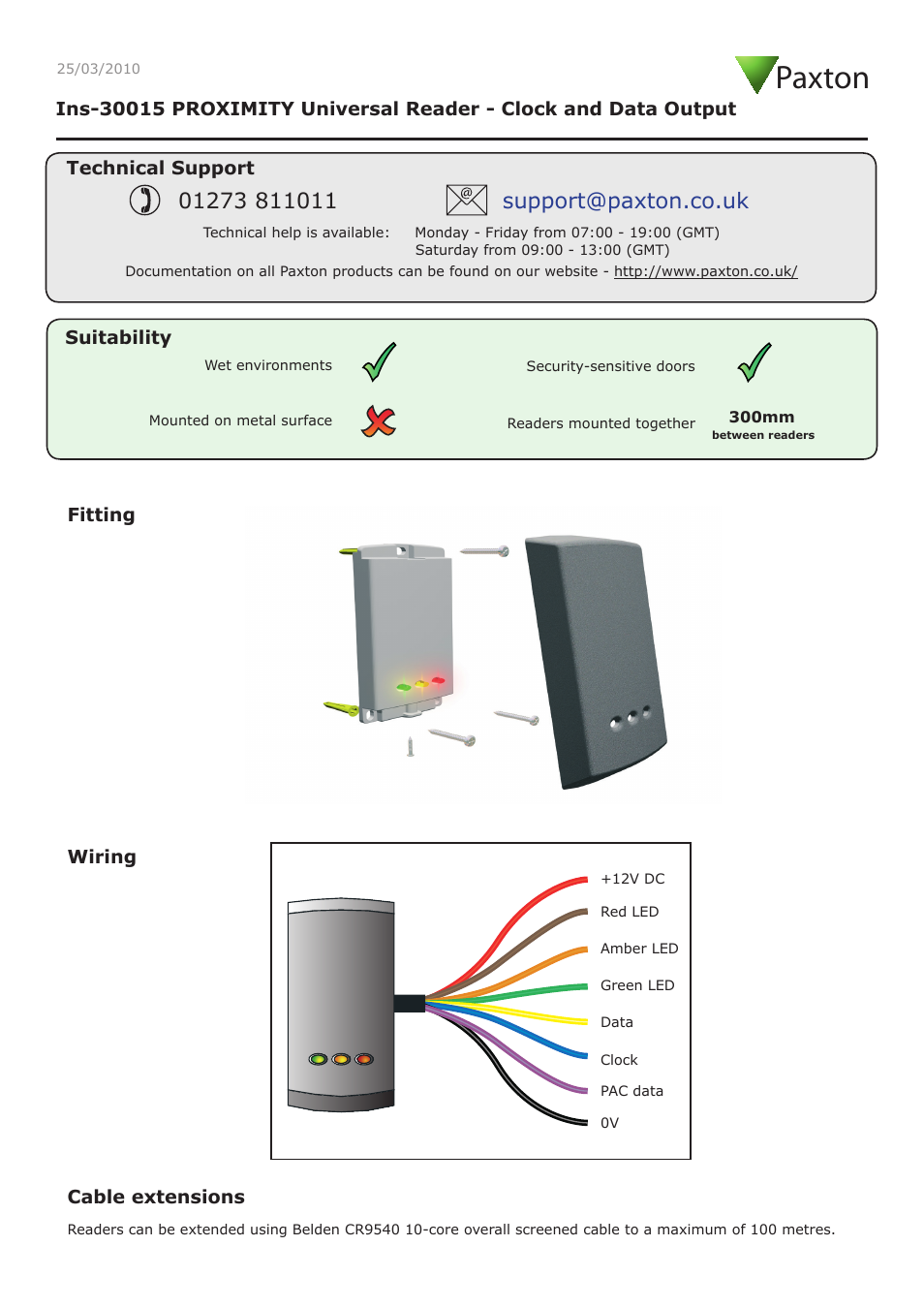 Paxton PROXIMITY Universal Reader - Clock and Data Output User Manual | 4 pages