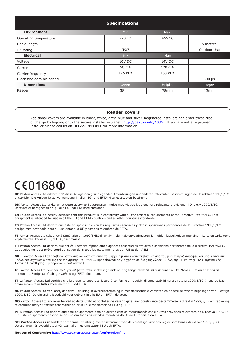 Specifications, Reader covers | Paxton PROXIMITY Universal Reader - Clock and Data Output User Manual | Page 4 / 4