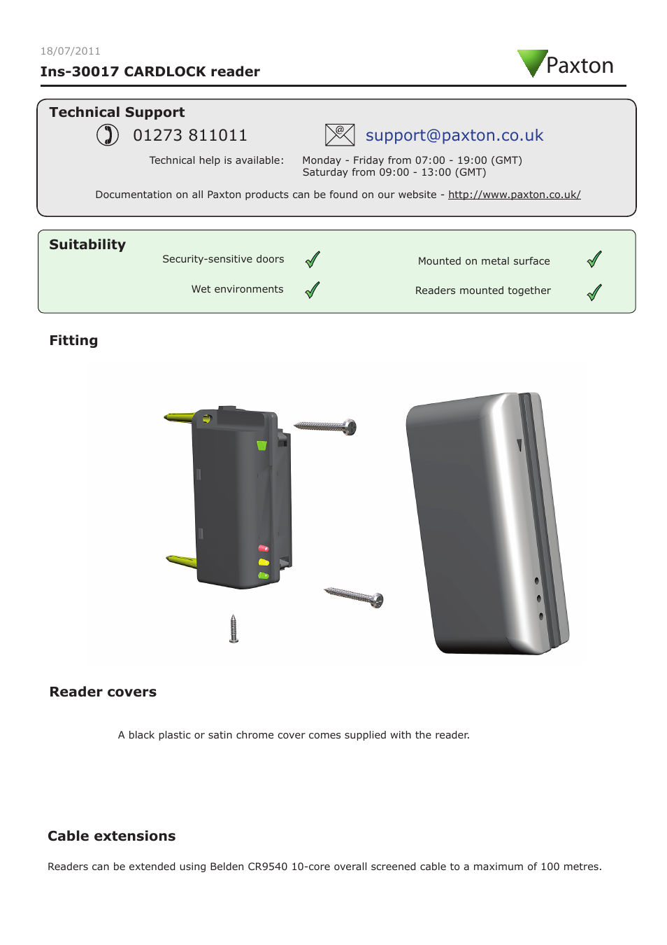 Paxton CARDLOCK reader User Manual | 4 pages