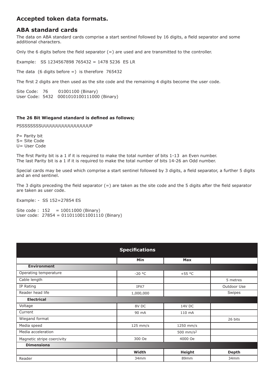 Accepted token data formats. aba standard cards | Paxton OEM Magstripe reader, Wiegand 26 bit output User Manual | Page 2 / 4