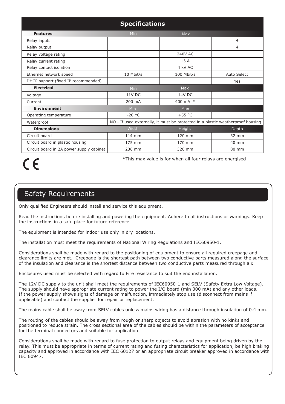 Safety requirements, Specifications | Paxton Net2 I/O board User Manual | Page 7 / 7