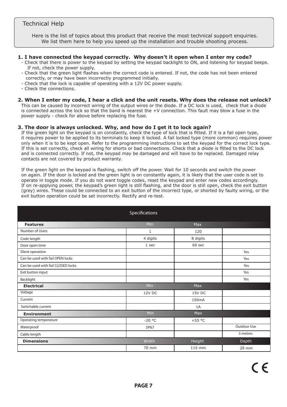 Page 7, Technical help | Paxton ASEC Compact Keypad User Manual | Page 7 / 7