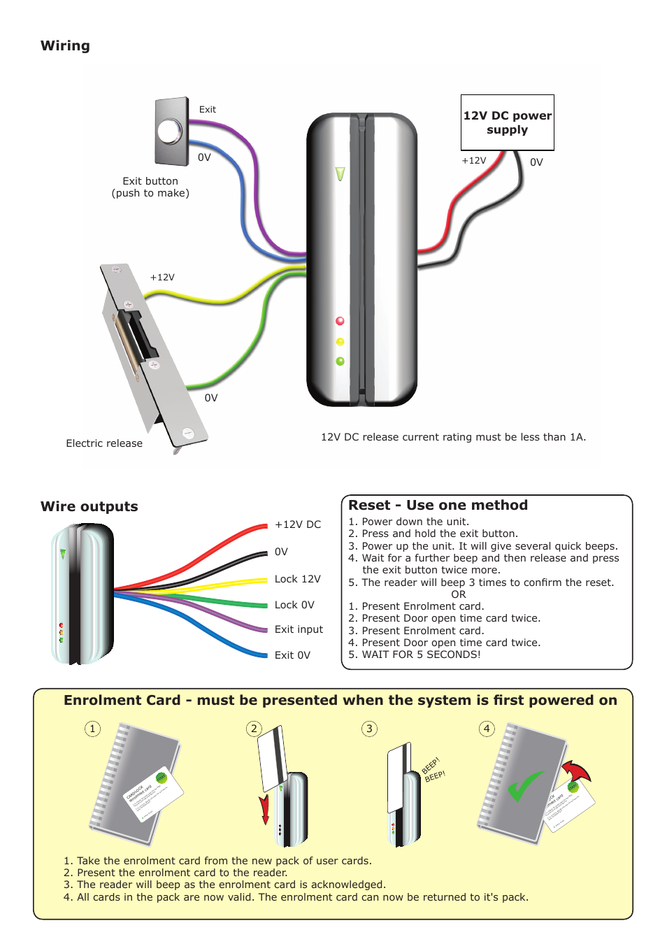 Wire outputs, Wiring reset - use one method, 12v dc power supply | Exit button (push to make) electric release, 12v exit, Beep | Paxton CARDLOCK compact User Manual | Page 2 / 4