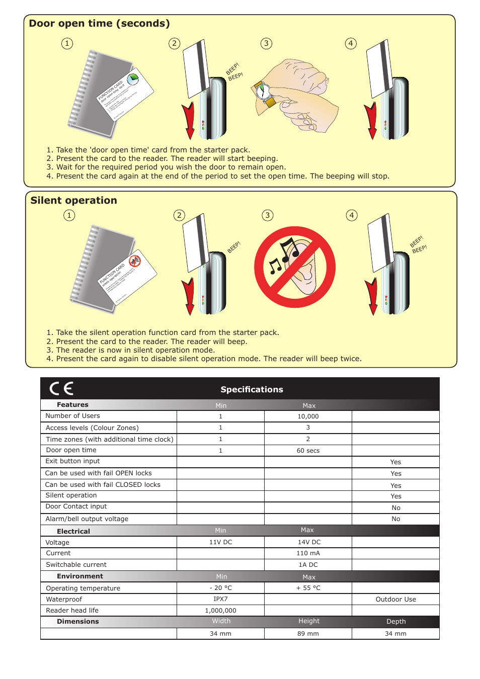 Door open time (seconds), Silent operation, Specifications | Paxton CARDLOCK compact User Manual | Page 4 / 4