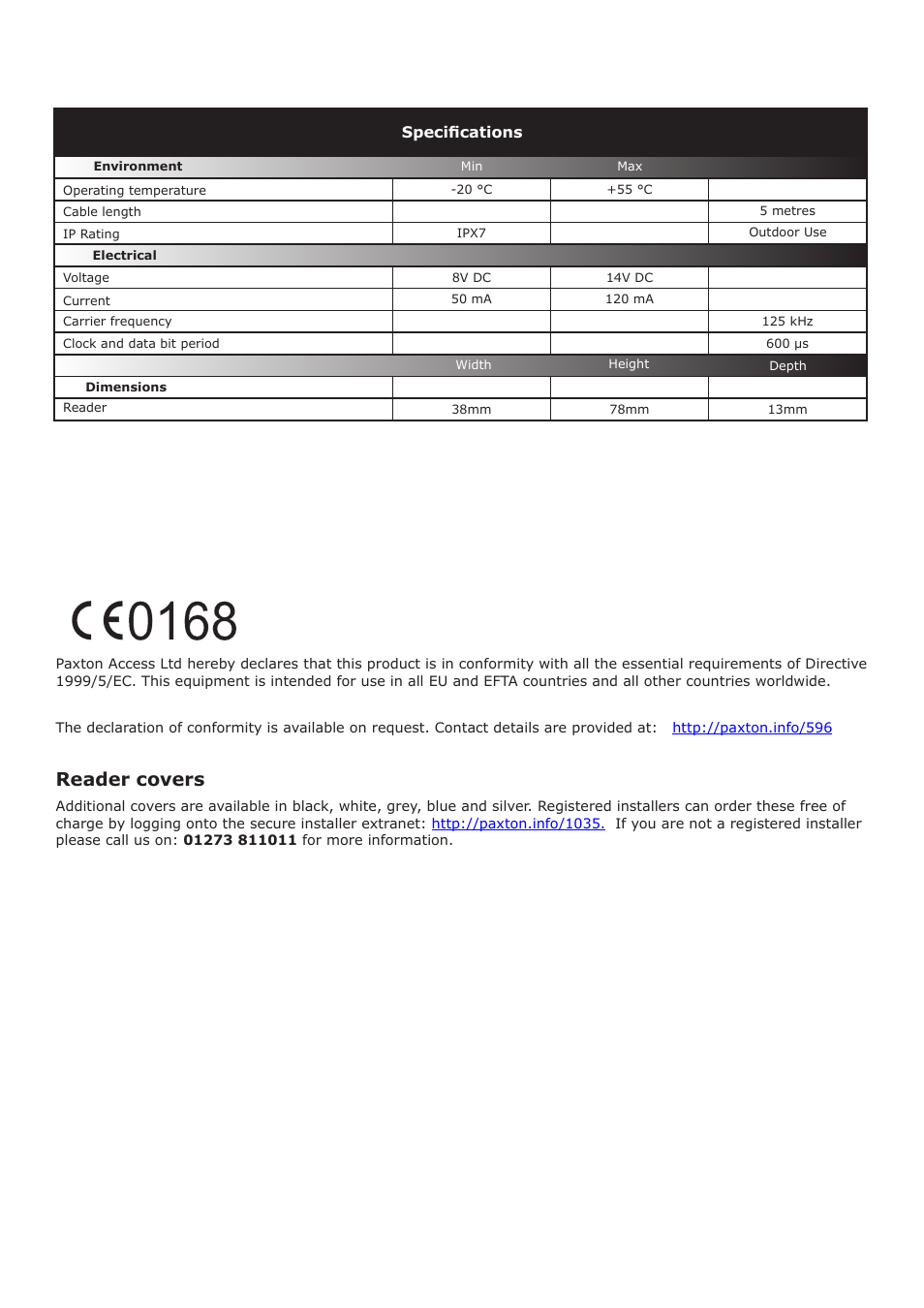 Reader covers | Paxton NASIC P38 reader - EM4100 - Clock and Data User Manual | Page 2 / 4
